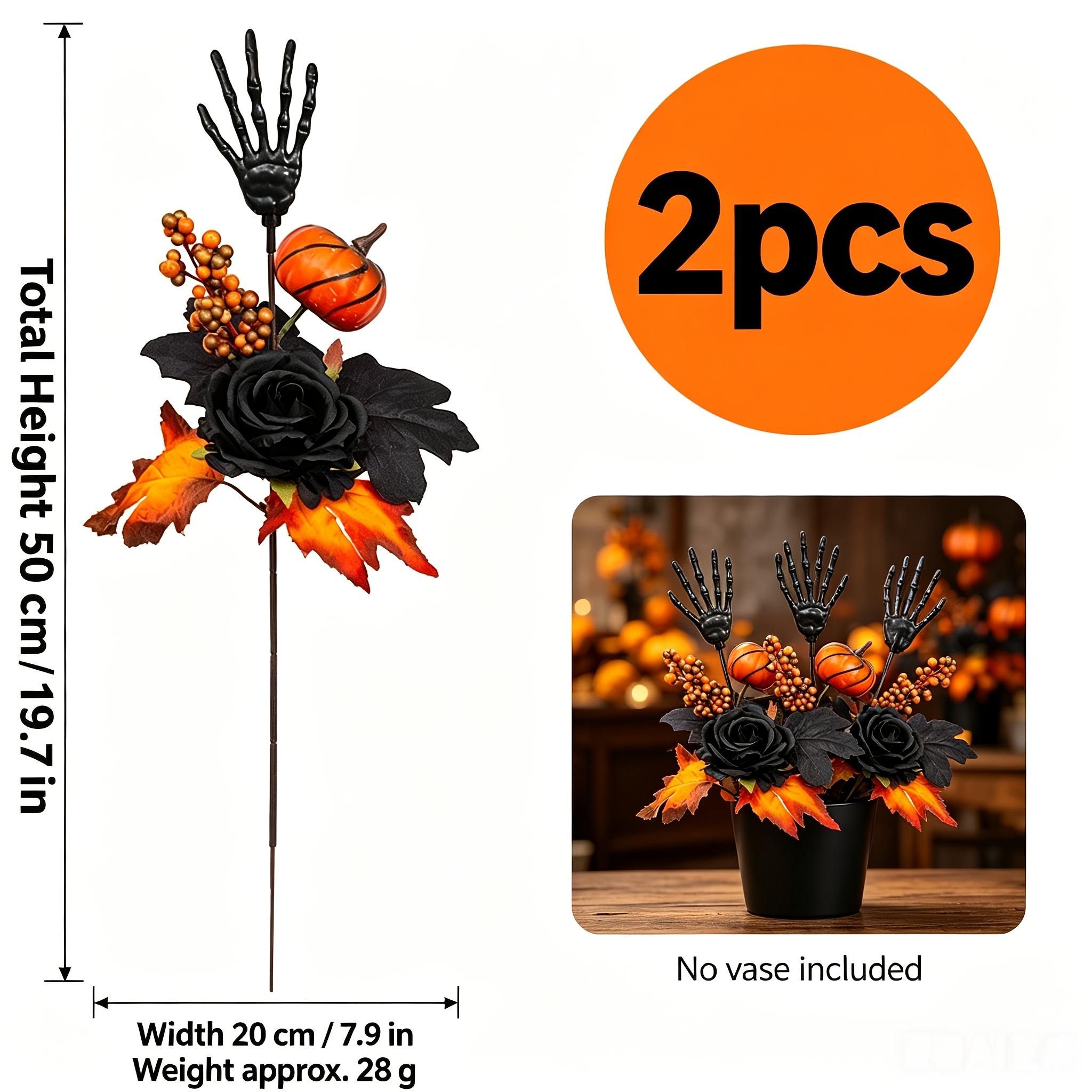 TEMU 2pcs Set Halloween Artificial Decorative Flower Stems, Black Artificial Hand With Black Roses, Pumpkin, Orange- Leaves, And Berries, Floral