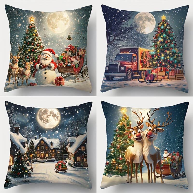 

4pcs Christmas Pillowcase Set - Cute Deer & Santa Design, Soft Polyester, Zip Closure, Machine Washable - Living Room Decor (pillow Inserts Not Included), Christmas Decor