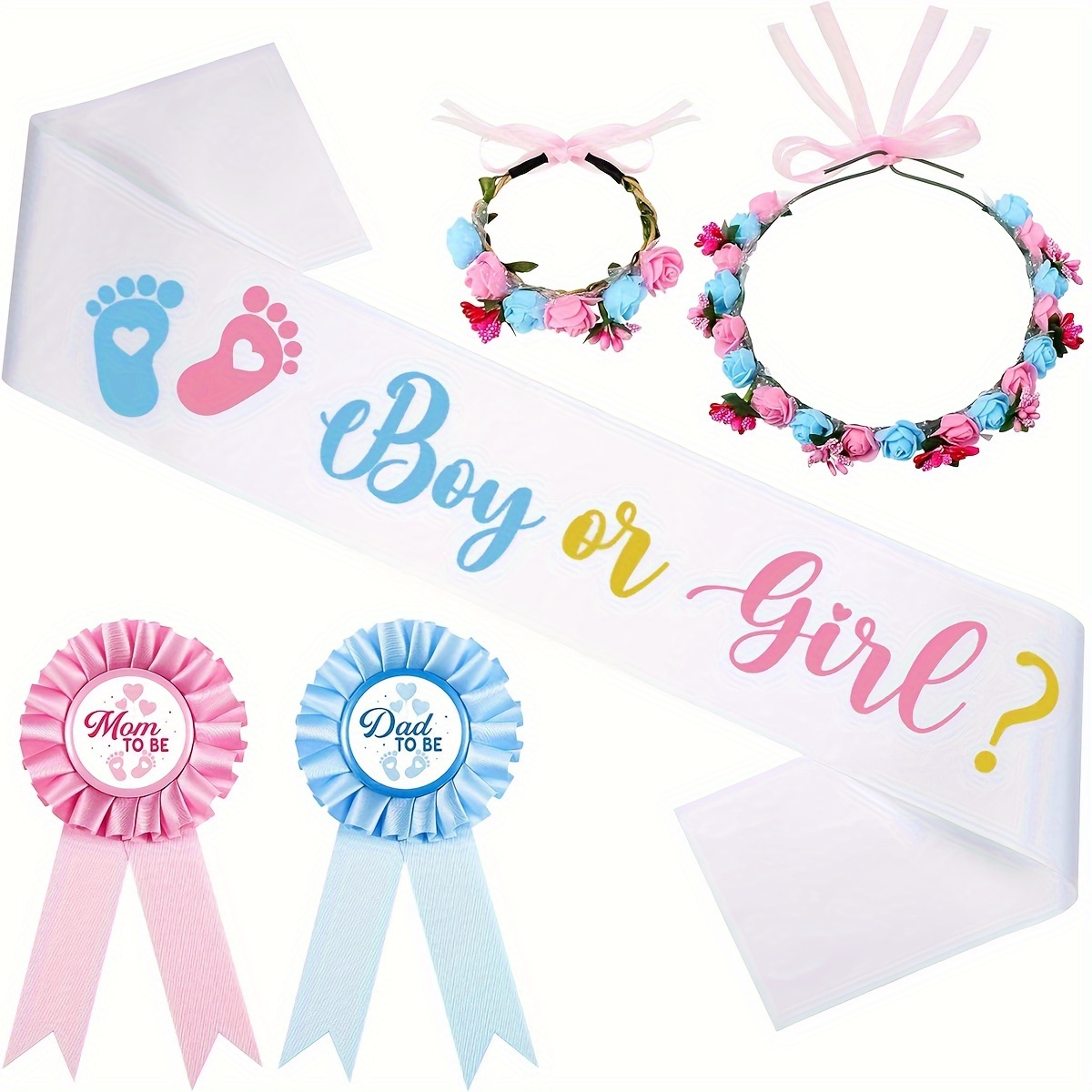 

3/5pcs, Gender Reveal Sash Pink Blue Mom To Be Sash Dad To Be Pins With Flower Headband Wristband For Gender Reveal Party Supplies Pregnancy Prop