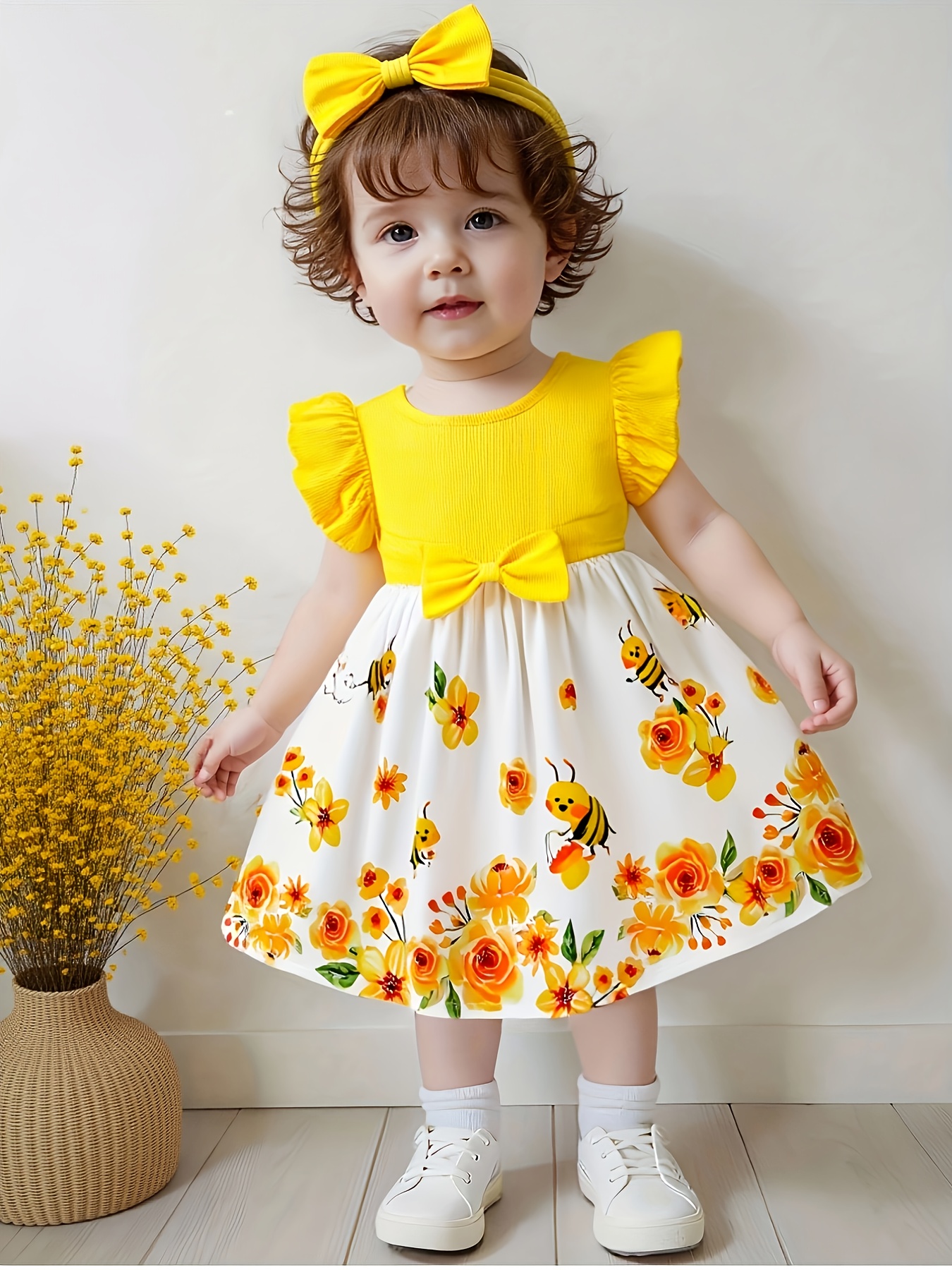 Baby Girl Cute and * Yellow Dress with Bee and Ladybug Patterns | Cap  Sleeves, Bow Tie, Knitted Fabric, Spring/*