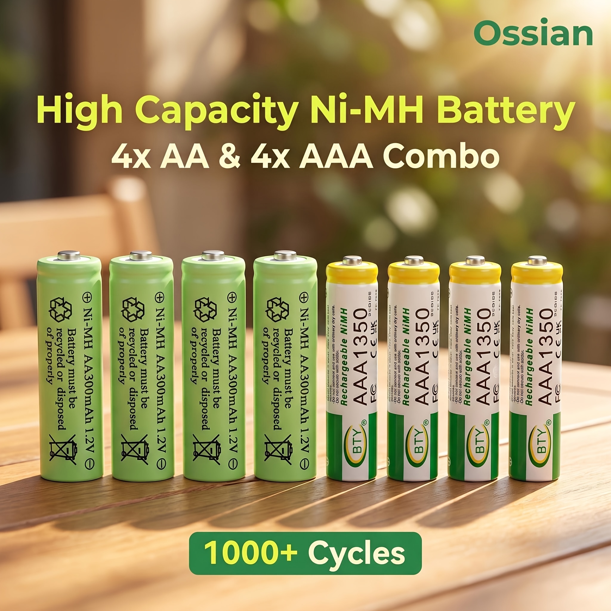 TEMU Ossian 8Pack (4 X AA 300Mah et 4 X AAA 1350Mah), Piles rechargeables Ni-.2V AA 300Mah AAA 1350Mah Plus de 1000 cycles Piles de remplacement pour