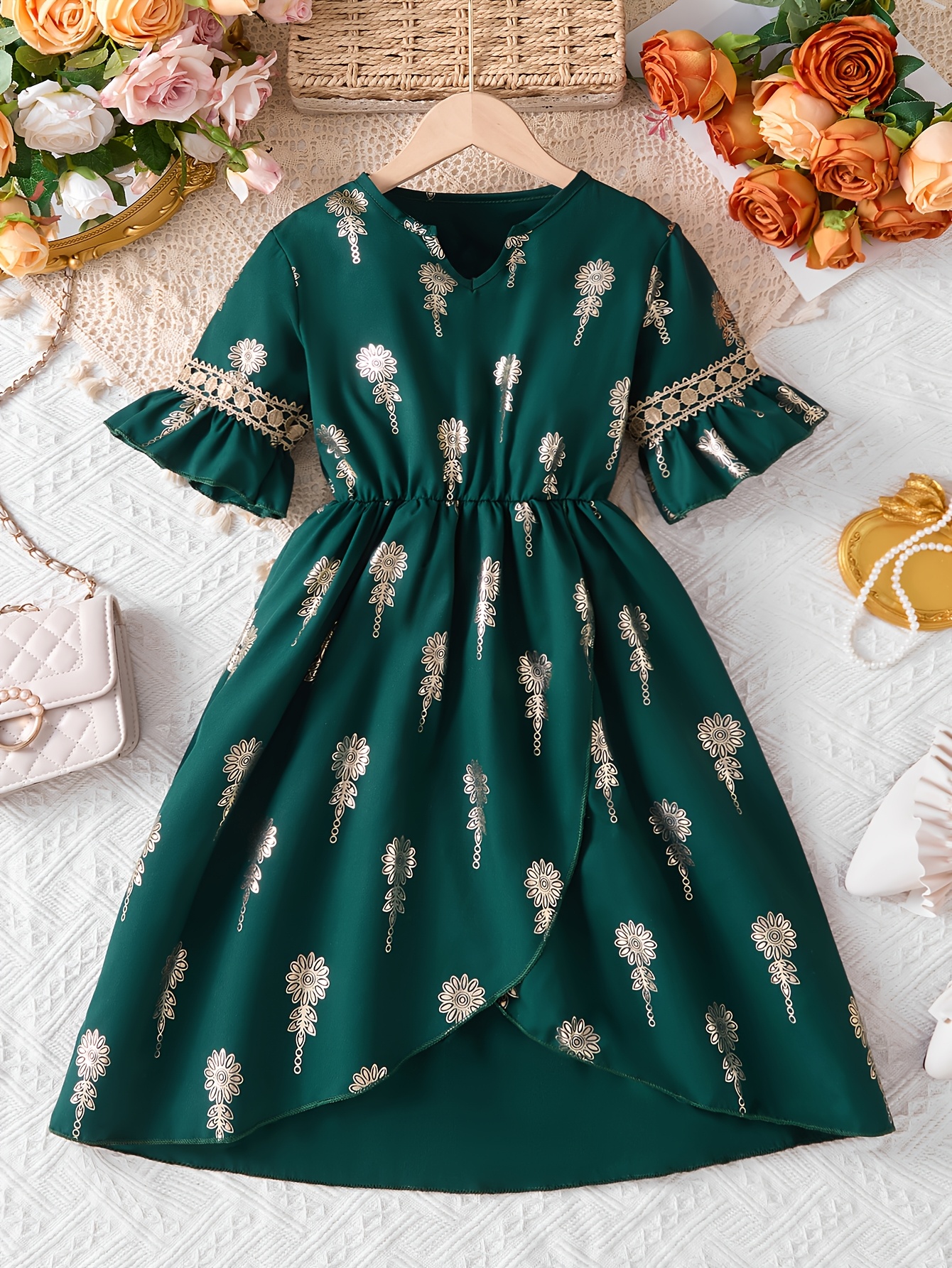 girls autumn one piece dress v neck flared - Temu Bahrain
