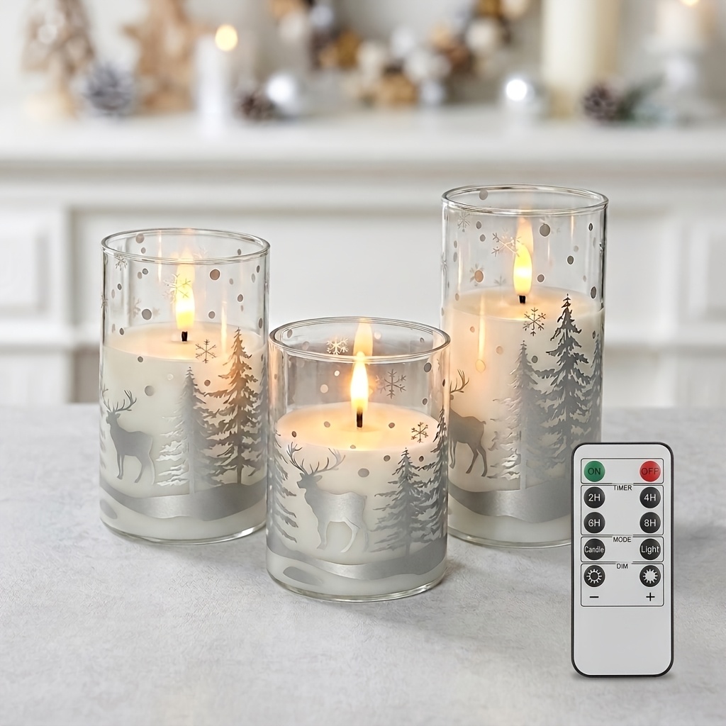 TEMU Christmas Reindeer Snowflake Painted Acrylic Cup Electronic Candle 3pcs Set, Simulated -tip Warm Light Flickering Flame Led Tea Light, Full