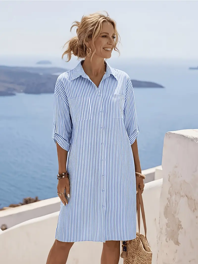 striped lapel button down shirt dress NEW Long Sleeve Striped Lapel Button Down Dress