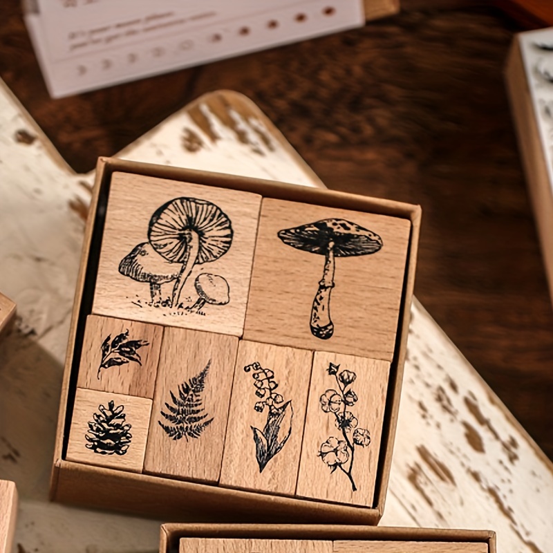 Image of 7pcs Wood Stamp Wooden Retro Stamp Set Romantic Star Wooden Stamp Plant Wooden Stamp