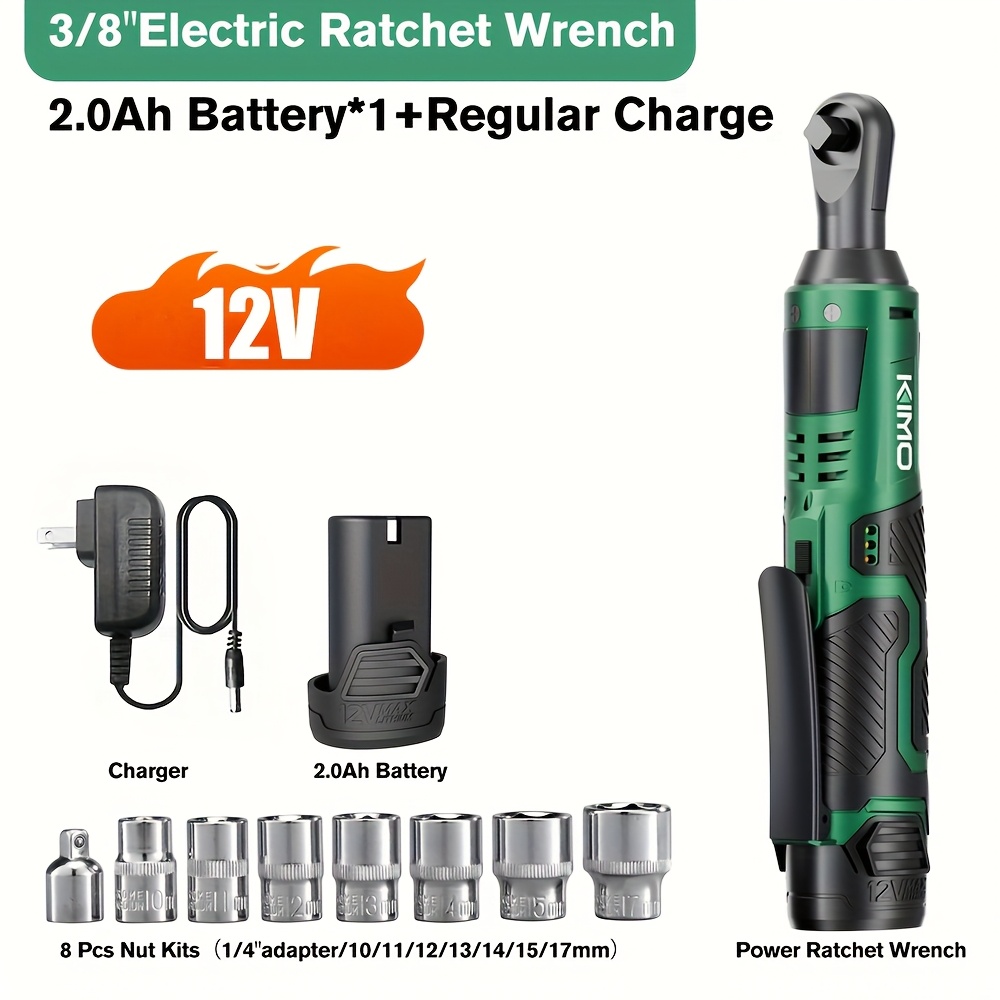 12V Cordless Electric Ratchet Wrench Set - 3/8" Drive, 45Nm Torque, 2 Batteries, 7 Sockets, LED Light