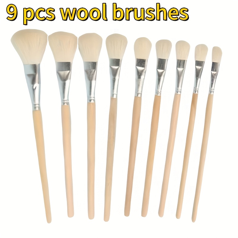 TEMU 9pcs Sheep Hair Brushes 9pcs Sheep Hair Paint Brushes, Suitable For Artists - Ideal For Glue, Glass And Ceramic Crafts, Mop Brushes For Acrylic