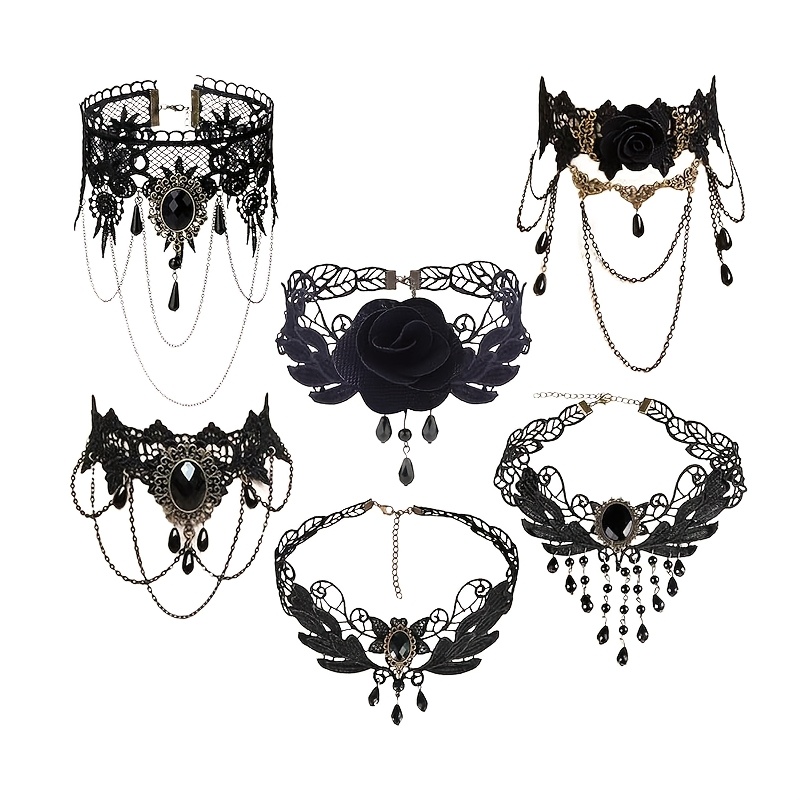 TEMU 6pcs Retro Gothic Black Lace Tassel Pendant Necklace Choker Women's Casual Party Cosplay Jewelry Halloween Gift