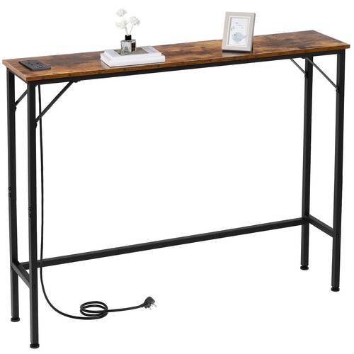 Console Table with Charging Station, Narrow Sofa Table, 1 AC Socket & USB Ports, Entrance Table, Narrow Side Table for Living Room, Metal Frame, Brown