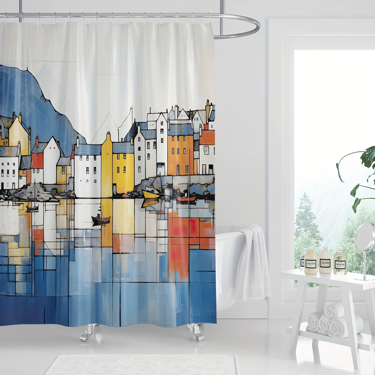 

1pc Colorful Painted Houses And Lake Reflections Architectural Scenery Digital Print Shower Curtain, Machine Washable Bathroom Decor