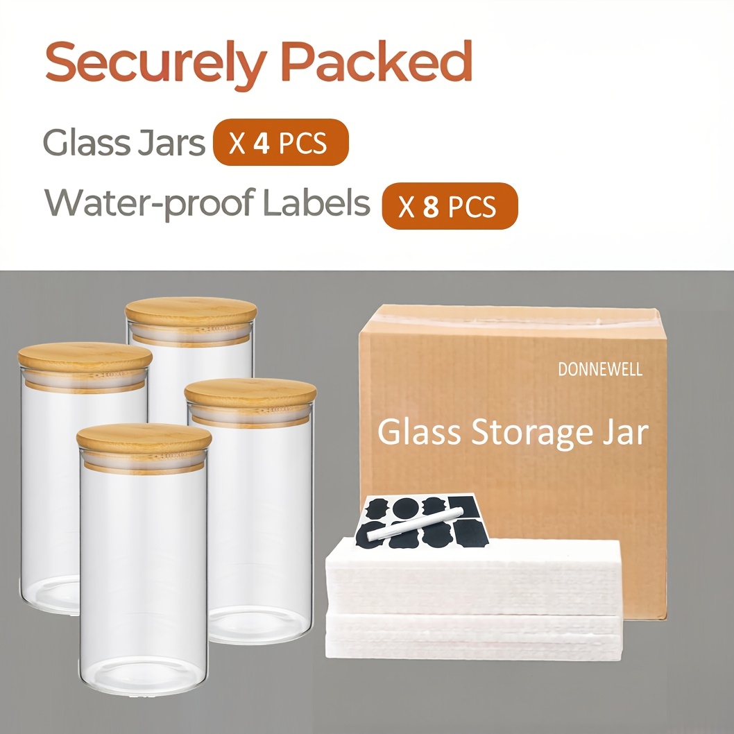 TEMU 4 pcs Boîtes de conservation en verre préminimales de 45 oz/1300 ml avec couvercle en bambou (1,5 Qt), Bocaux ronds en verre avec couvercles,