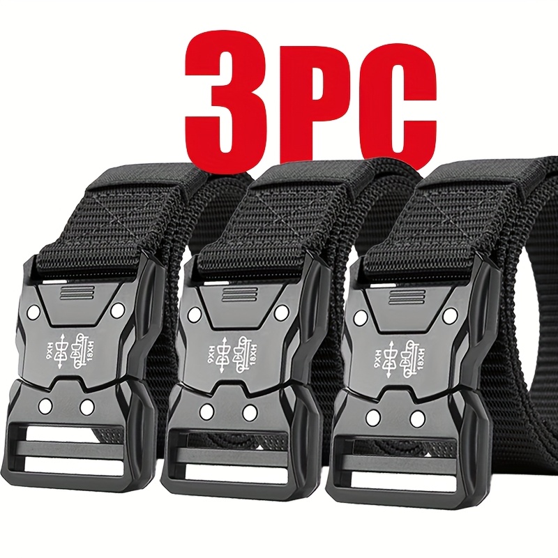 3pcs-stylish Canvas Tactical Belt For Men - Durable Automatic , Heavy-duty Webbing For Jeans And - Large Size, Black Color
