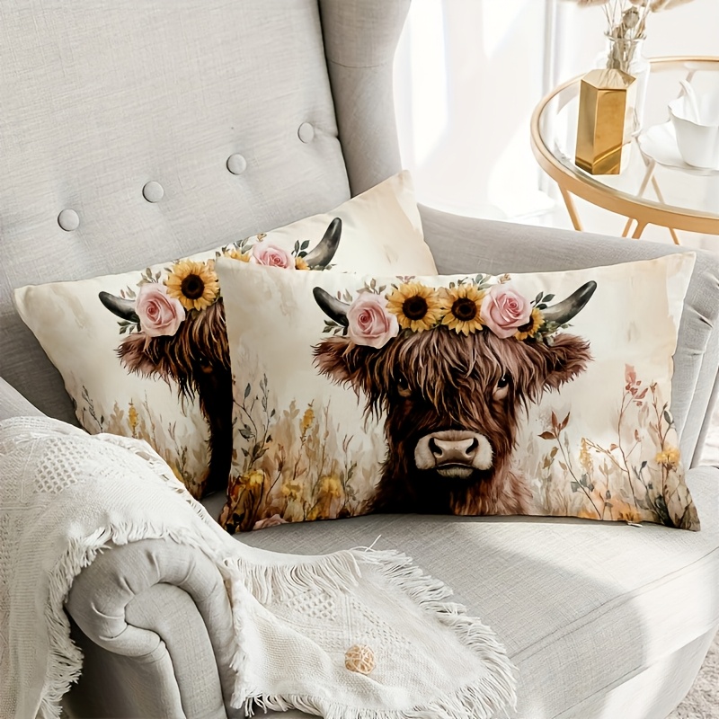 TEMU 2pcs Double-sided 2d Flat Printing Throw Pillow Covers, Farmhouse Highland Cow Floral Lumbar Pillowcases, 12x20 Inches, Short Plush With Zipper