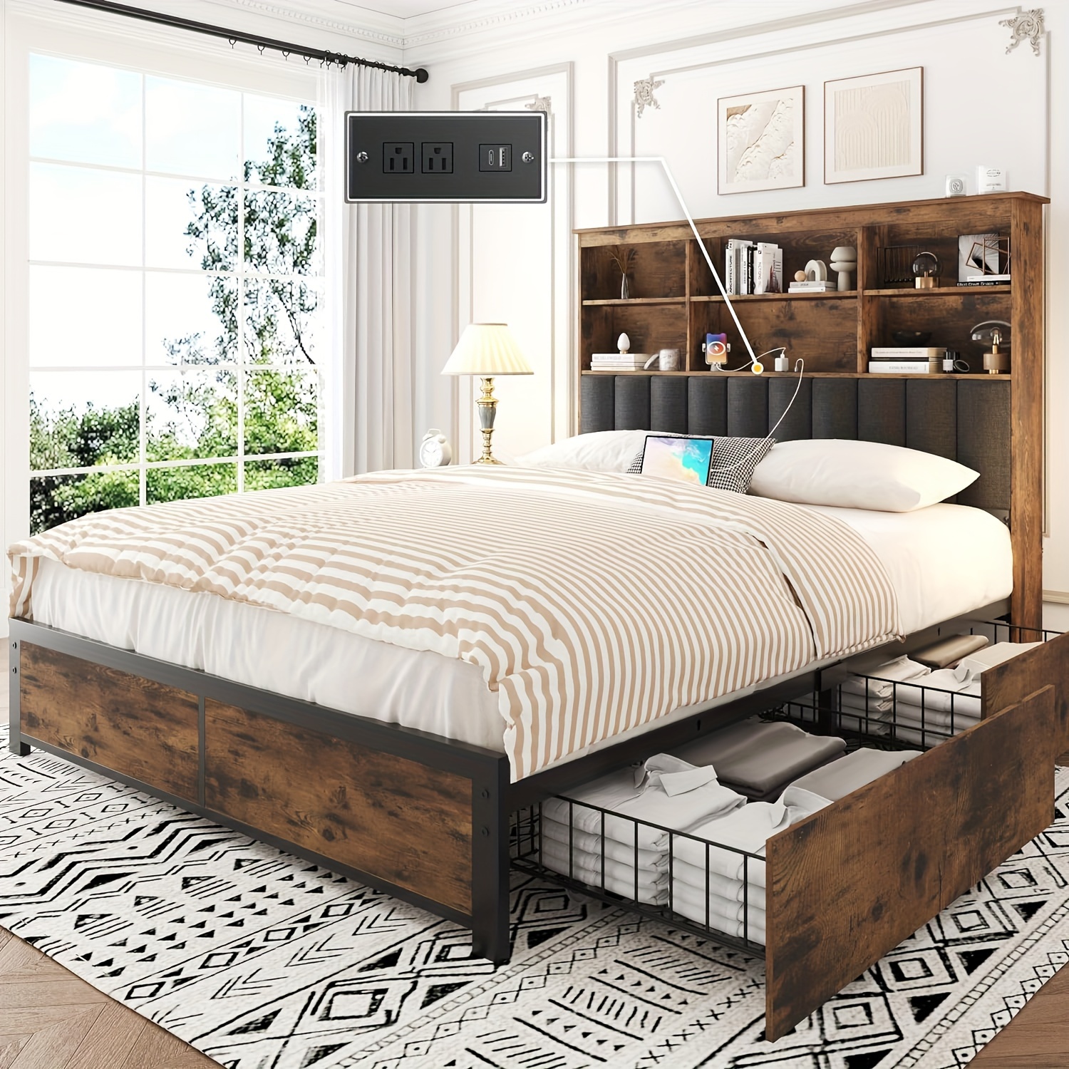 

Queen Bed Frame With Storage Headboard, Wooden Bed Frame With Large Capacity Bookcase Headboard, 4 Storage Drawers & Charging Station, No Box Spring Needed/noise Free/all-metal Support