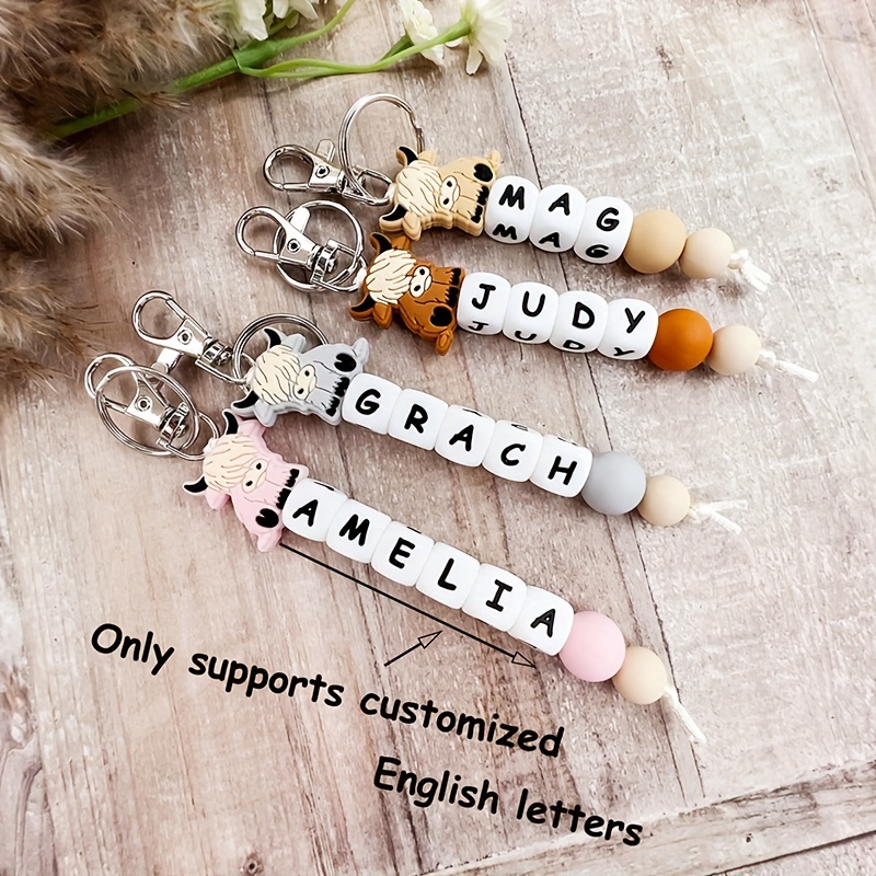 

Custom Name Silicone Beaded Keychain, Cartoon Yak Design With English Letters, Personalized Anti-loss Pendant, Silicone Beads For Keychain Making