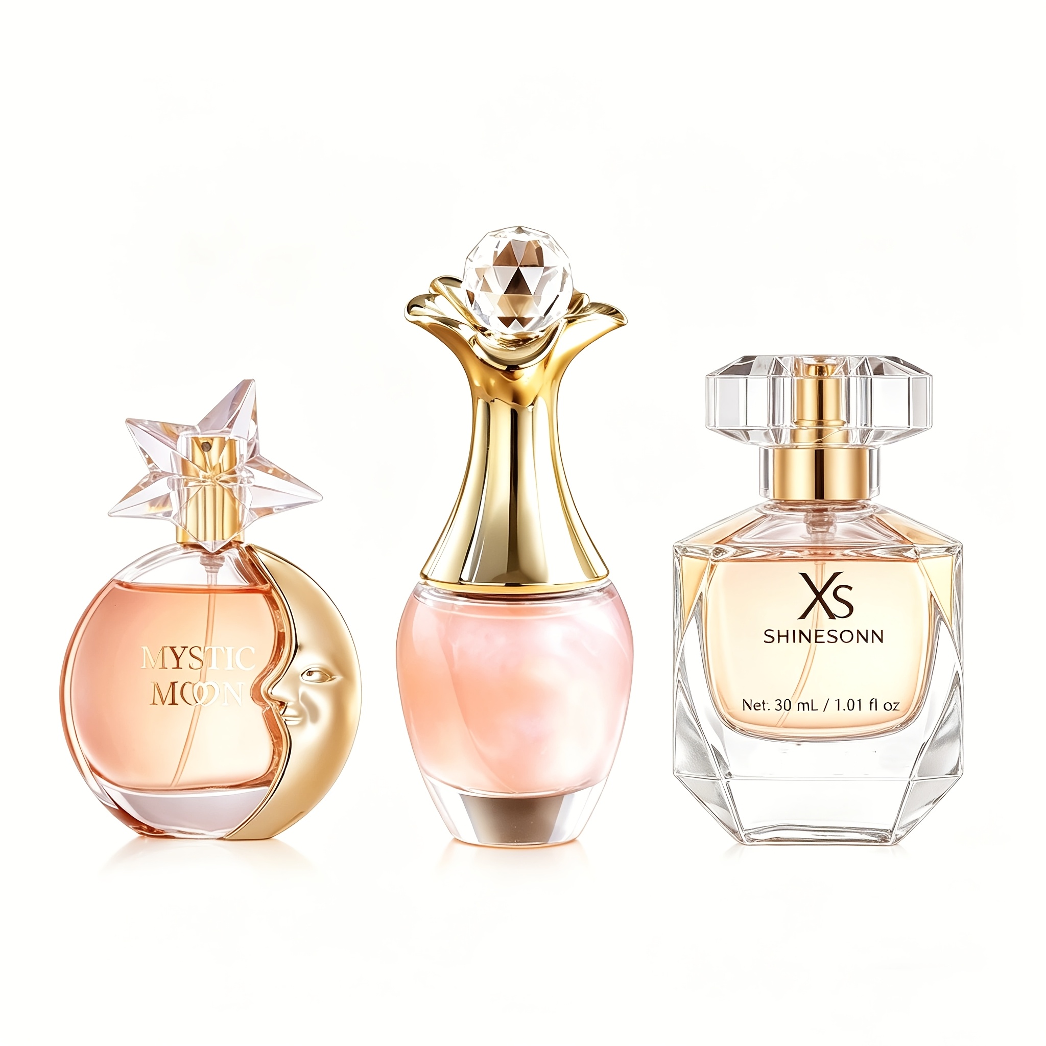 Image of 3pcs & Golden Women's Perfume Set. , Neck & Diamond-cut Bottles. Scents, Long-lasting. Ideal Gift For Christmas, Valentine's Day, New Year & Mother's Day.
