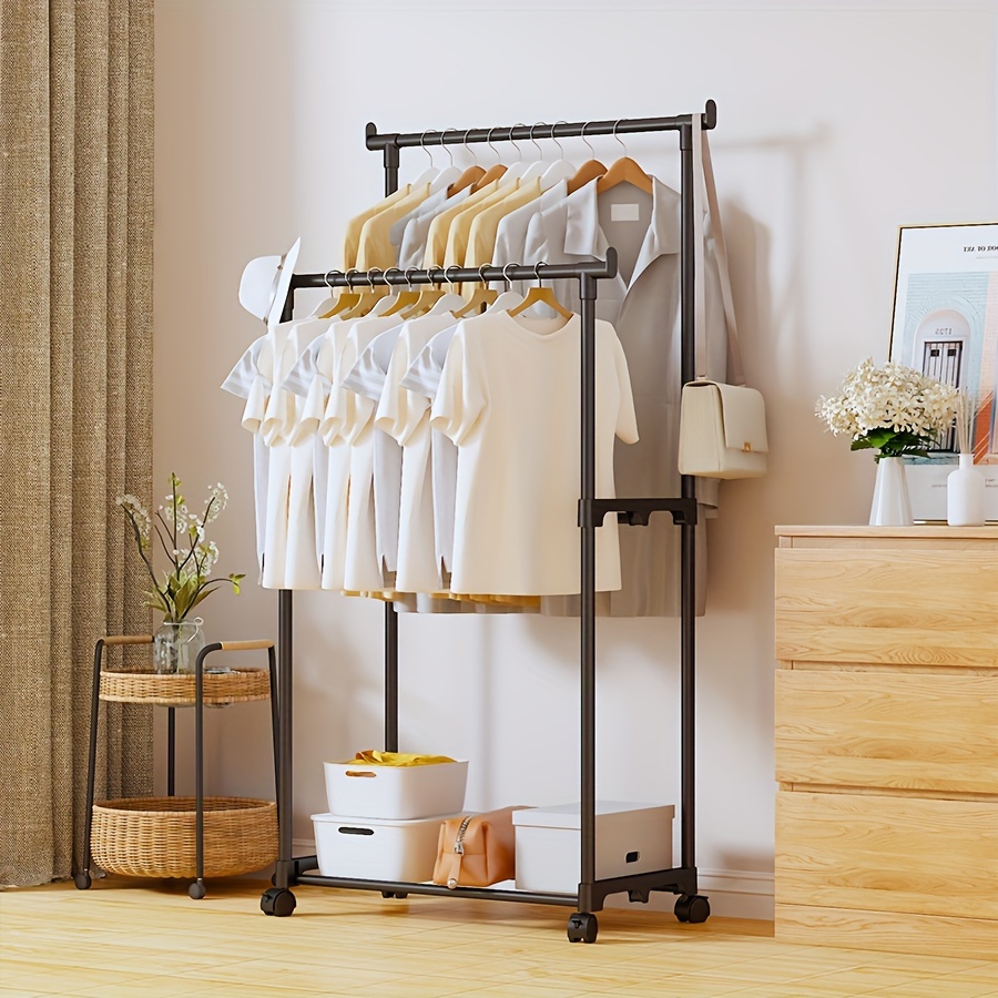 

Metal Double Rod Rolling Clothing Garment Rack, Pole-mounted Portable Clothes Organizer With Wheels For Bedroom, Living Room, And Clothing Store - Black