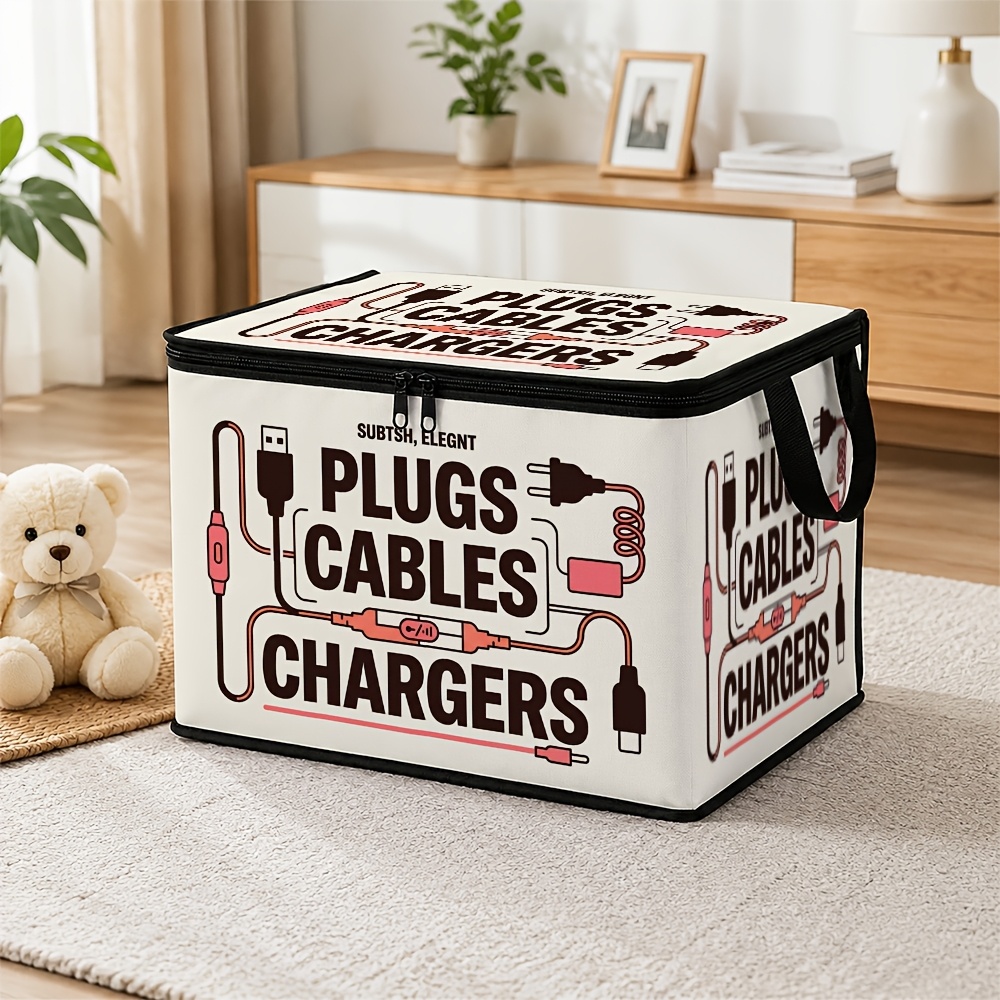 TEMU 1pc Clean Tech Design Lidded Storage Bin| Plug Icons Quick-zip Foldable Bag, Blanket Tidy, Bathroom Organizer, Home Gift, Storage, Closet Tidy,