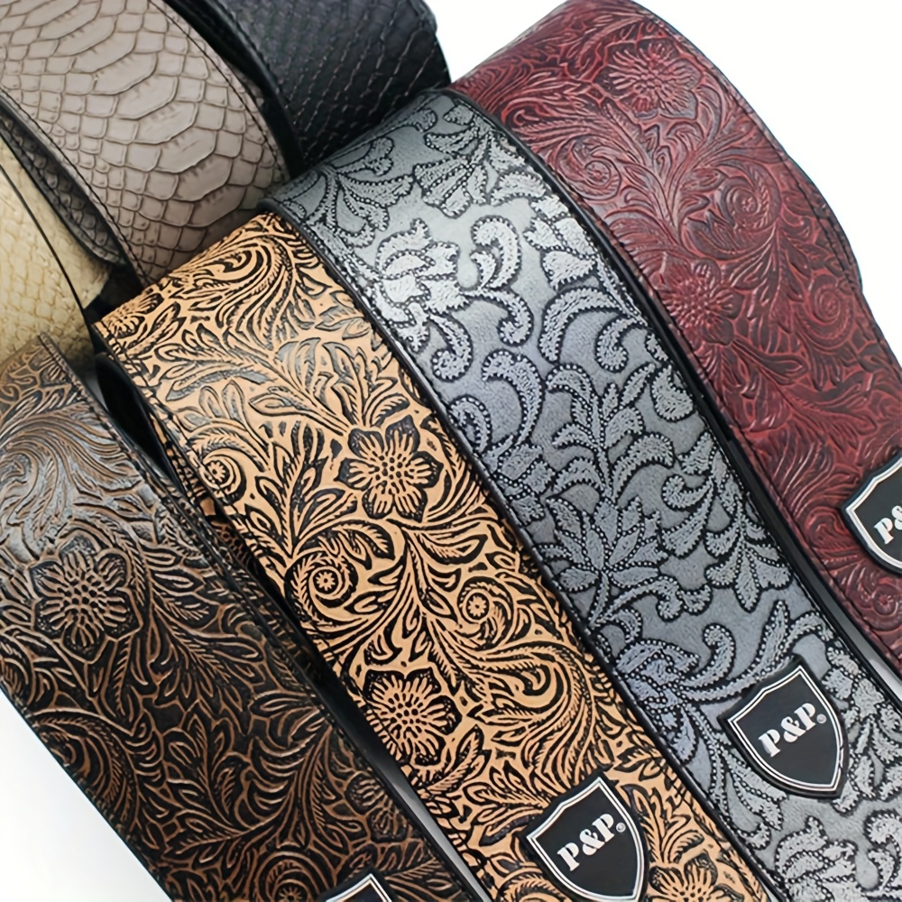 6.35 Cm Guitar Strap Genuine Faux Leather Adjustable Soft Embroidered Belt For Classical Bass Music Hobby Guitar Accessories (Random Pattern)
