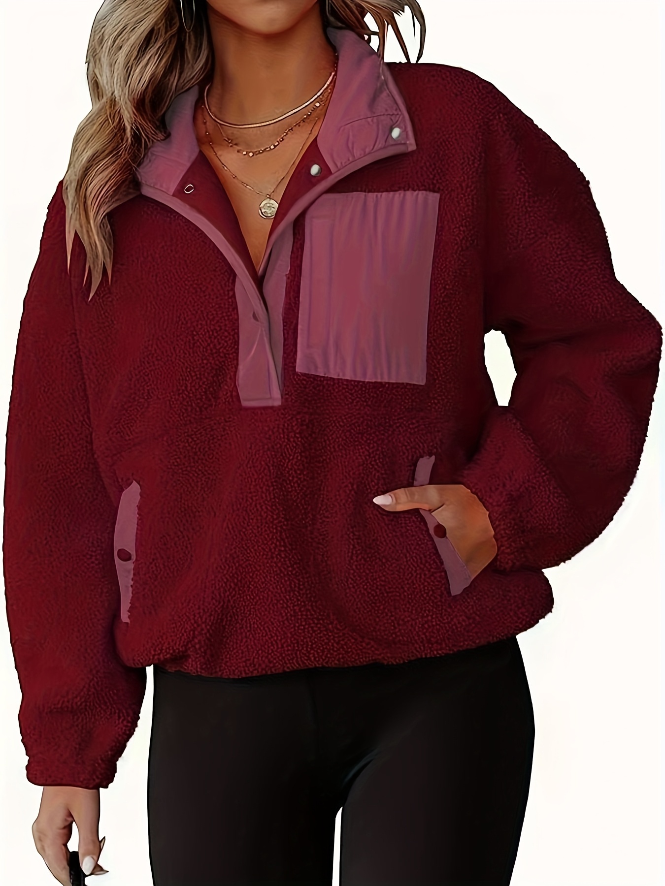 Women s   Print Half Button Pocket Fuzzy Sweatshirt, Casual Drop Shoulder Long Sleeve Stand Collar Pullover for Fall & Winter, Women s Clothes for Daily Wear, Cardigans For Women