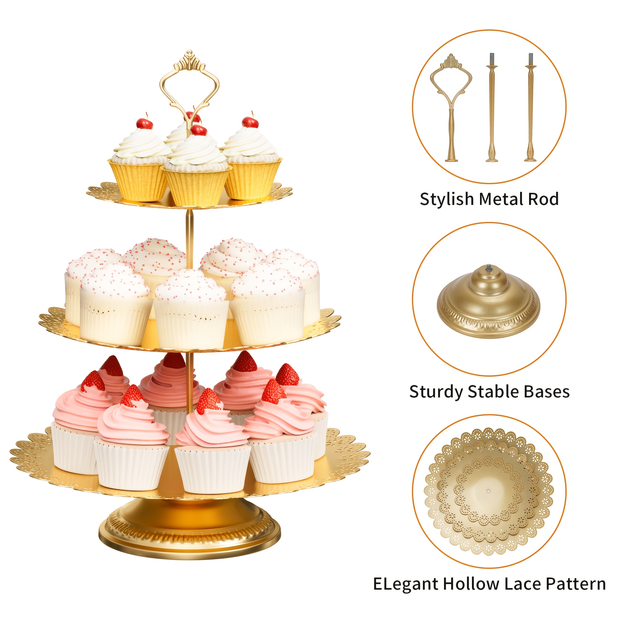 JUJOYBD Lot De 3 Présentoirs à Gâteaux Ronds 3 Étages Dorés - Avec Pied Pour Mariage, Anniversaire, Noël Et Fêtes