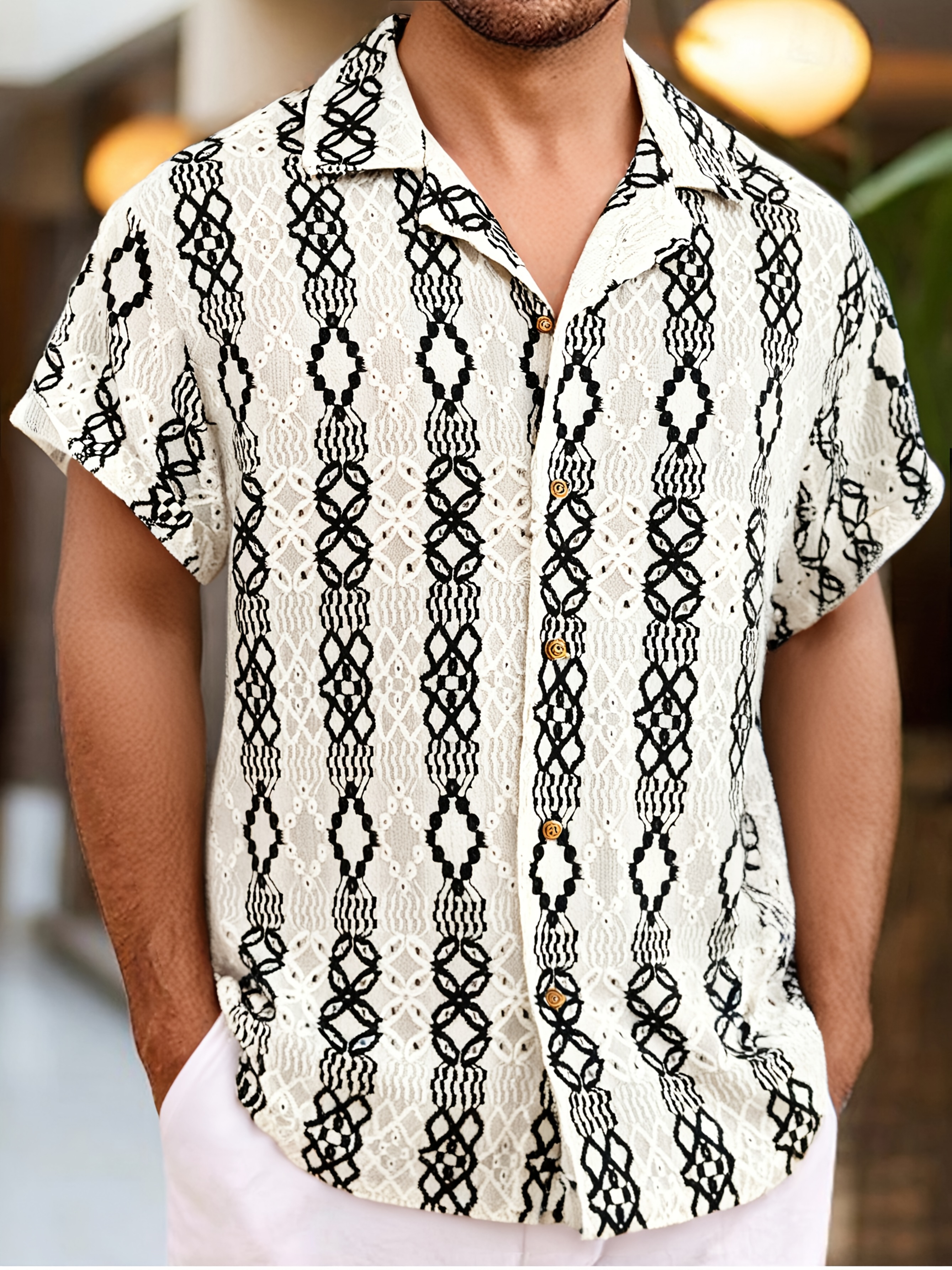 Mens Fashionable Geometric Cut-Out Jacquard Button-Up Shirt with  Breathable Fabric Casual Daily Wear, Stylish and Versatile Summer  Short-Sleeve