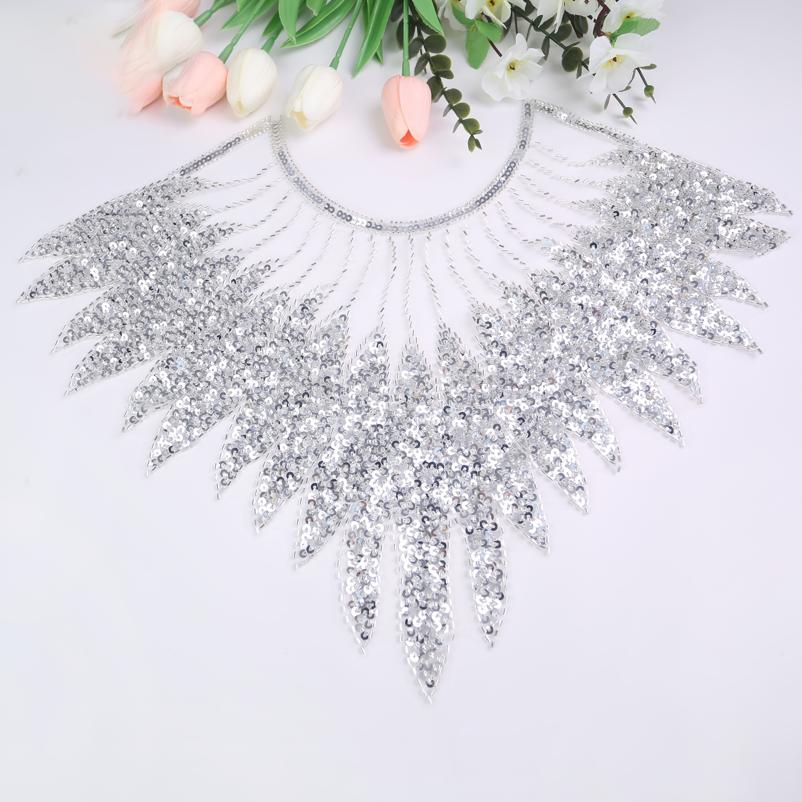 TEMU New Heavy Lace Embroidered Mesh Sewing Beads Tube Beads Link Corsage Shawl Women Clothing Additions Wedding Dress Additions