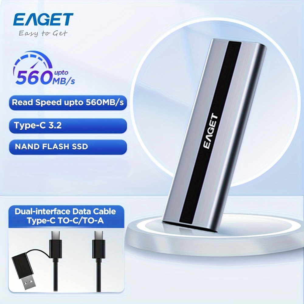 

Disque Dur SSD Externe Portable EAGET Haute Vitesse - Transfert de Données Ultra-Rapide, USB 3.2 Type-C, Disque à État Solide, M.2 SATA, Antichoc, Compact et Léger pour Ordinateur Portable et Mac