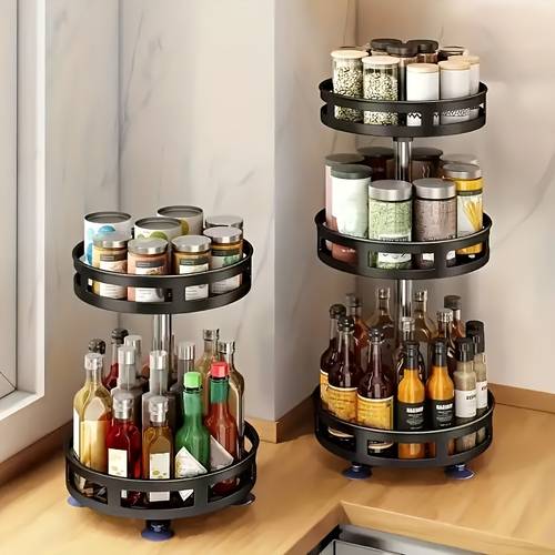 360 degree rotating kitchen organizer metal spice rack with storage containers for seasonings oils and vinegar double triple layer options