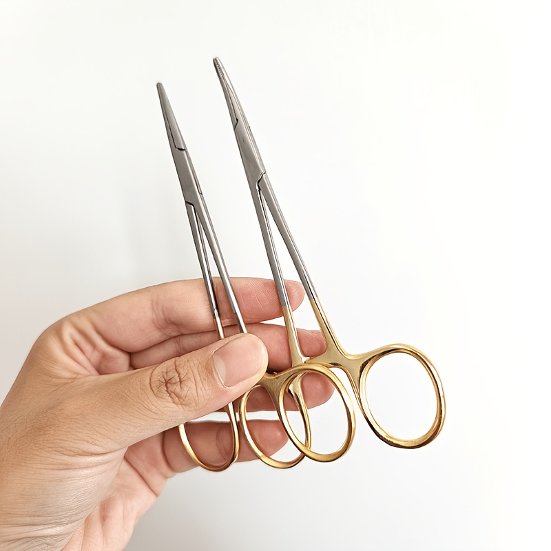 TEMU 2pcs Laboratory Durable Golden Handle Straight/curved Tweezers, Needle- Pliers, Pliers Hooks, Straight-pointed Clip Sets, Suitable For Pet Hair