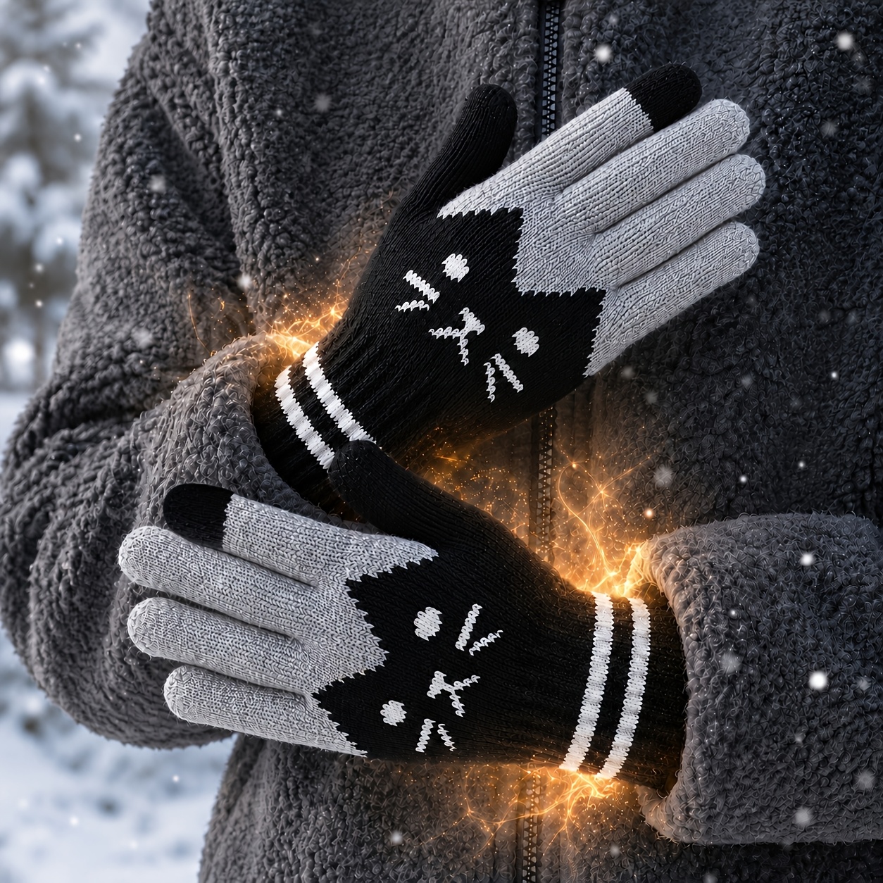 TEMU 1 Pair Women's Thermal Gloves With Cute Cat & Touchscreen Compatible Suitable For Cold Weather, Finger Warmers For Skiing, Outdoor Activities,