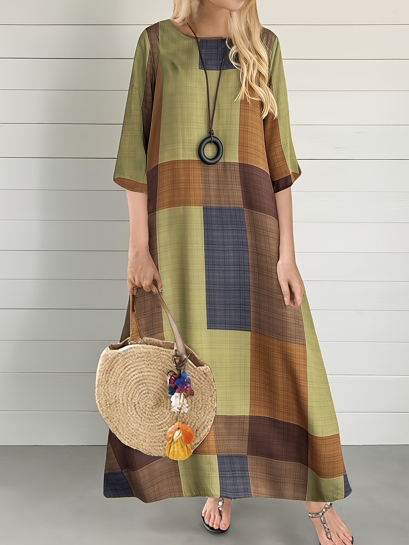 Ženske haljine, haljina maksi karirani dezen inspirisana vintidž stilom - maslinasto zelena, braon i bež patchwork dizajn, oli izrez, pola rukava, ležeran do šik stil, udobna odeća|Retro geometrijska haljina|Dizajn zemljanih tonova, slatke haljine, ženska odeća