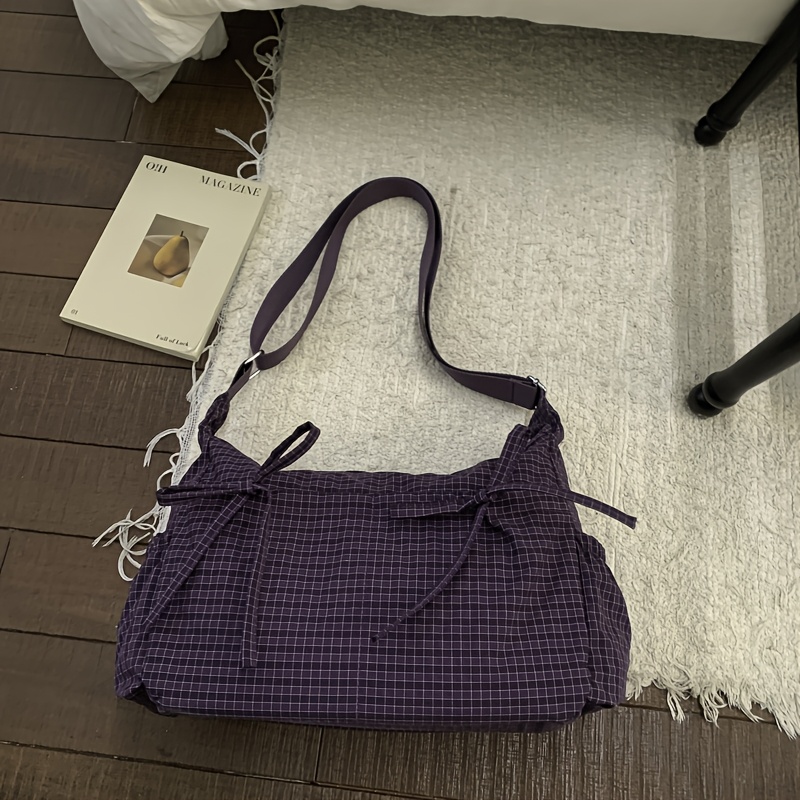 TEMU Women's Korean-style Crossbody Bag In Purple Plaid, A Lightweight Pleated Single-shoulder Bag With An Adjustable Strap, Suitable For Daily Use