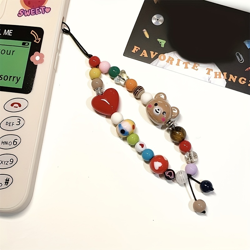 

Cute Bear Head And Red Heart Phone Lanyard Strap With Colorful Plastic Beads - Versatile Accessory For Mobile Devices
