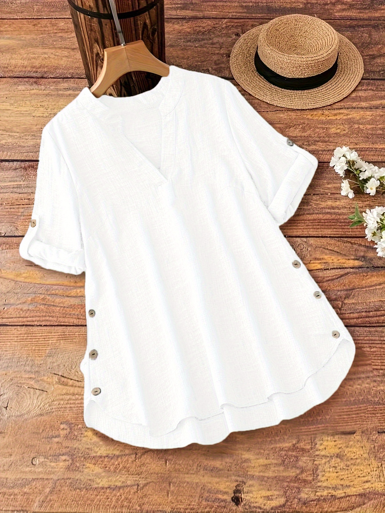 Plus Size Women's New Shirt in Minimalist Style with V-Neck and Long Sleeves, Faux Button Design