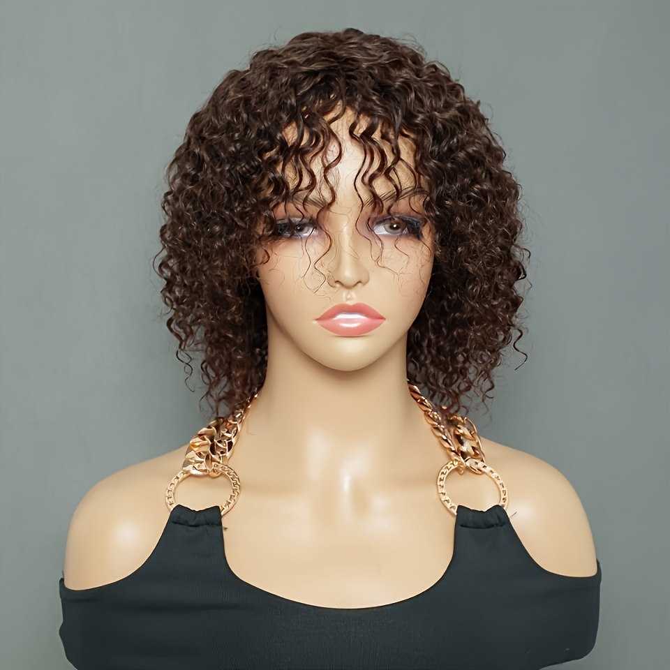 TEMU 2# Curly Wave Wig With Bangs Brown Colored Curly Wig With Bangs Human Hair Full Machine Made No Lace Wig For Women Valentine's Day Gift