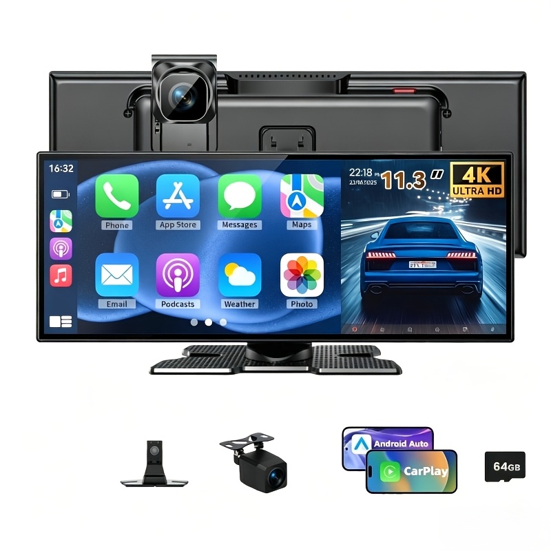 TEMU Autoradio fil 11,3 pouces avec Carplay, compatible Android Auto & Carplay, caméra 4K intégrée et caméra arrière 1080P, écran tactile IPS, ,