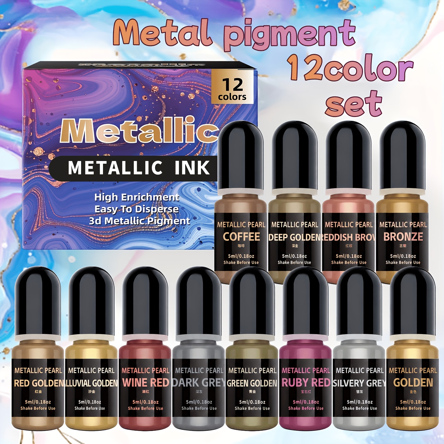 TEMU 1 Set Of 12 Metallic Colors, 5ml/bottle, Concentrated Resin Glue Color , Resin Dye Craft Painting Pigment Toner Metallic Gradient Paint Set, -