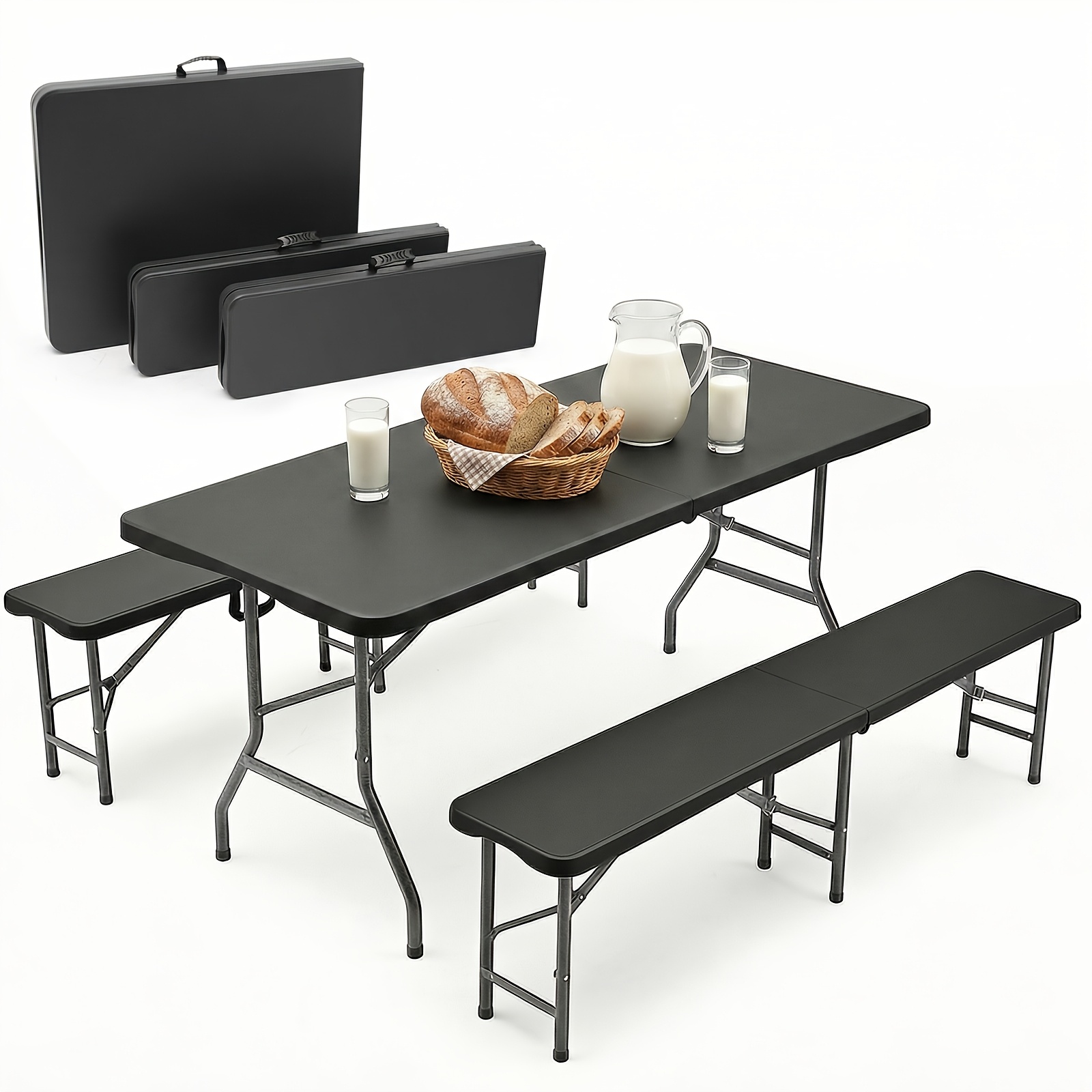 Image of 180cm Beer Table Set Folding, Table + 2 X Bench With Carrying Handles, Folding Table And Chairs For Camping, Garden Furniture Set, Bench For Outdoor, For Camping And Travelling