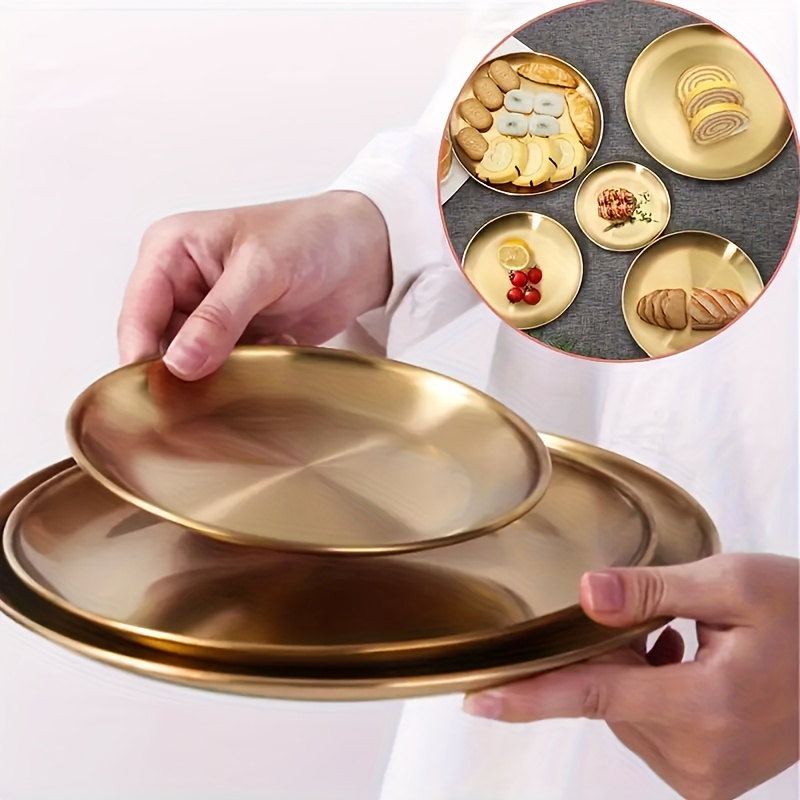 

Elegant Golden Stainless Steel Serving Tray - Round, Perfect For Desserts & Coffee, Ideal For Home Kitchens And Restaurants Tray For Coffee Table