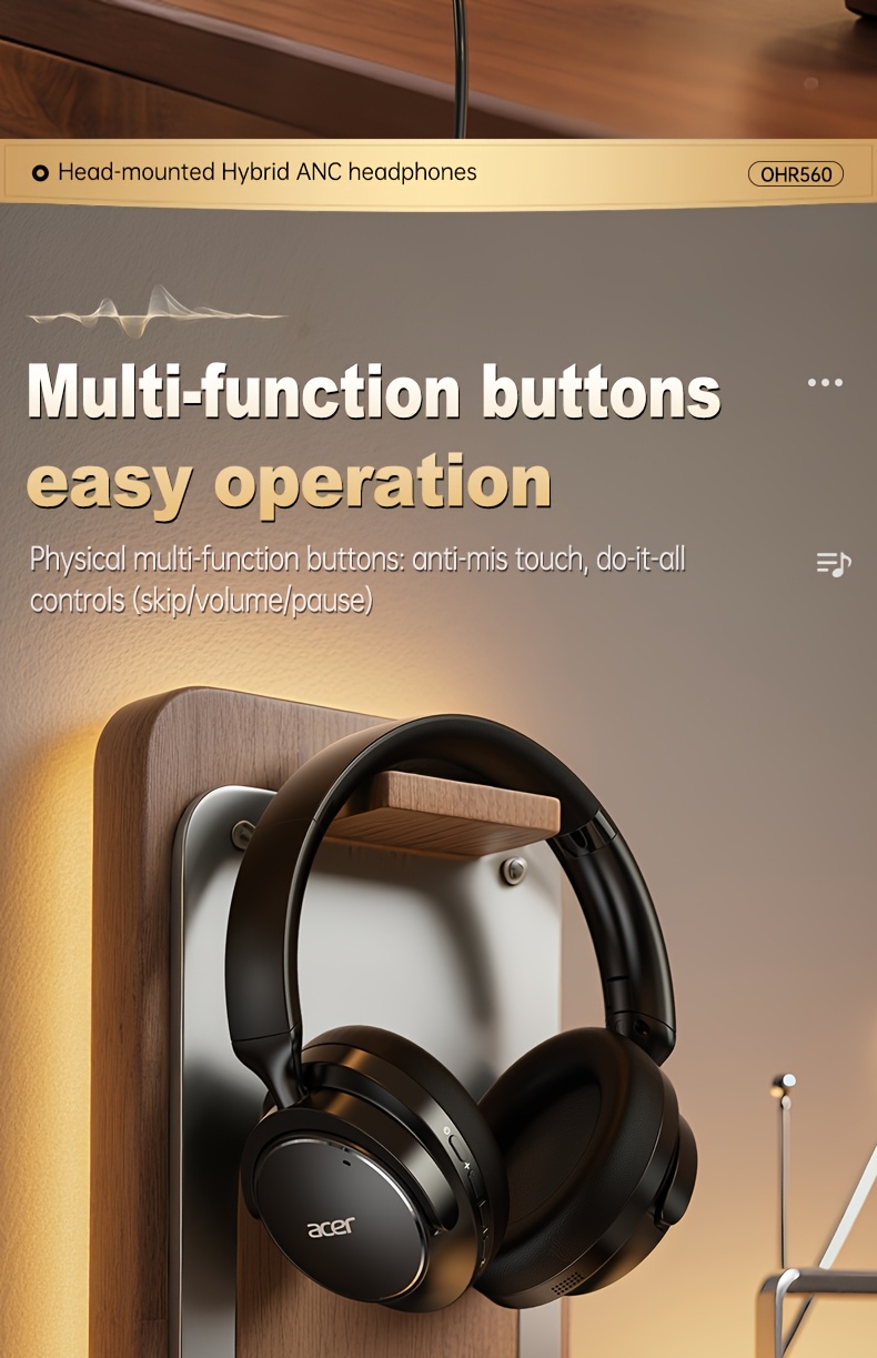 Casque sans fil Acer Ohr560 | Circum-aural avec suppression du bruit ANC, conception d'oreille à couverture complète, pliable, microphone à condensateur intégré, son stéréo Hi-Fi, réduction du bruit des appels HD ENC, compatible avec câble audio 3,5 mm, chargement USB