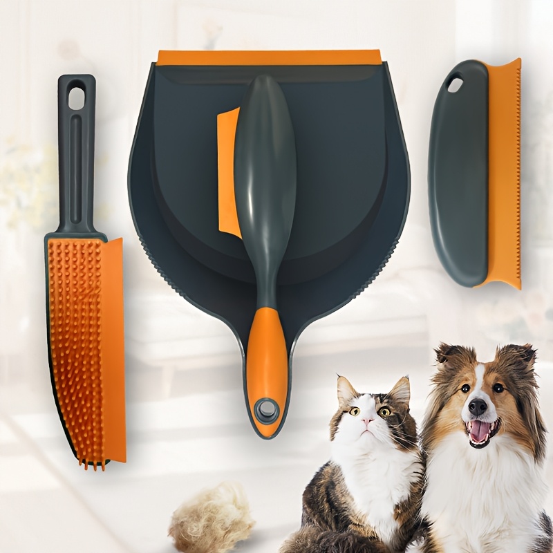 Image of Cat And Dog Pet Hair Remover Brush, Grooming Tool, Mini Broom And Dustpan Set Of 4 - Gentle Grooming With Rubber Bristles, Durable Plastic Handle - Ideal For Fur Cleaning On Home Furniture And Carpets