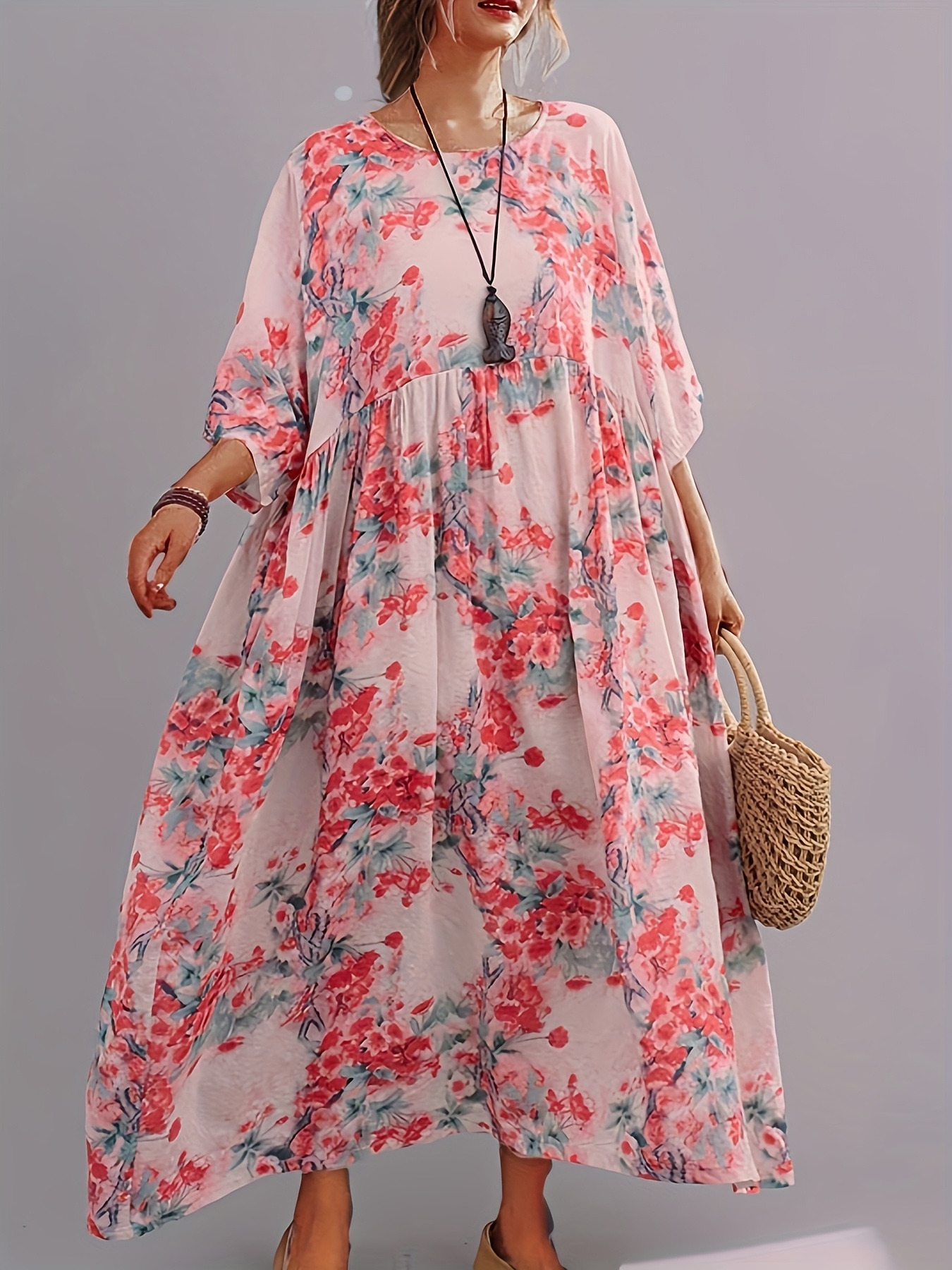 Women's Plus Size Ethnic Floral Print Oversized Dress - Short Sleeve Round  Neck Loose Fit Long Dress with Pockets, Machine Washable Casual * *  Silhouette, Floral Print Dress, Relaxed Outfit, Flowy ...