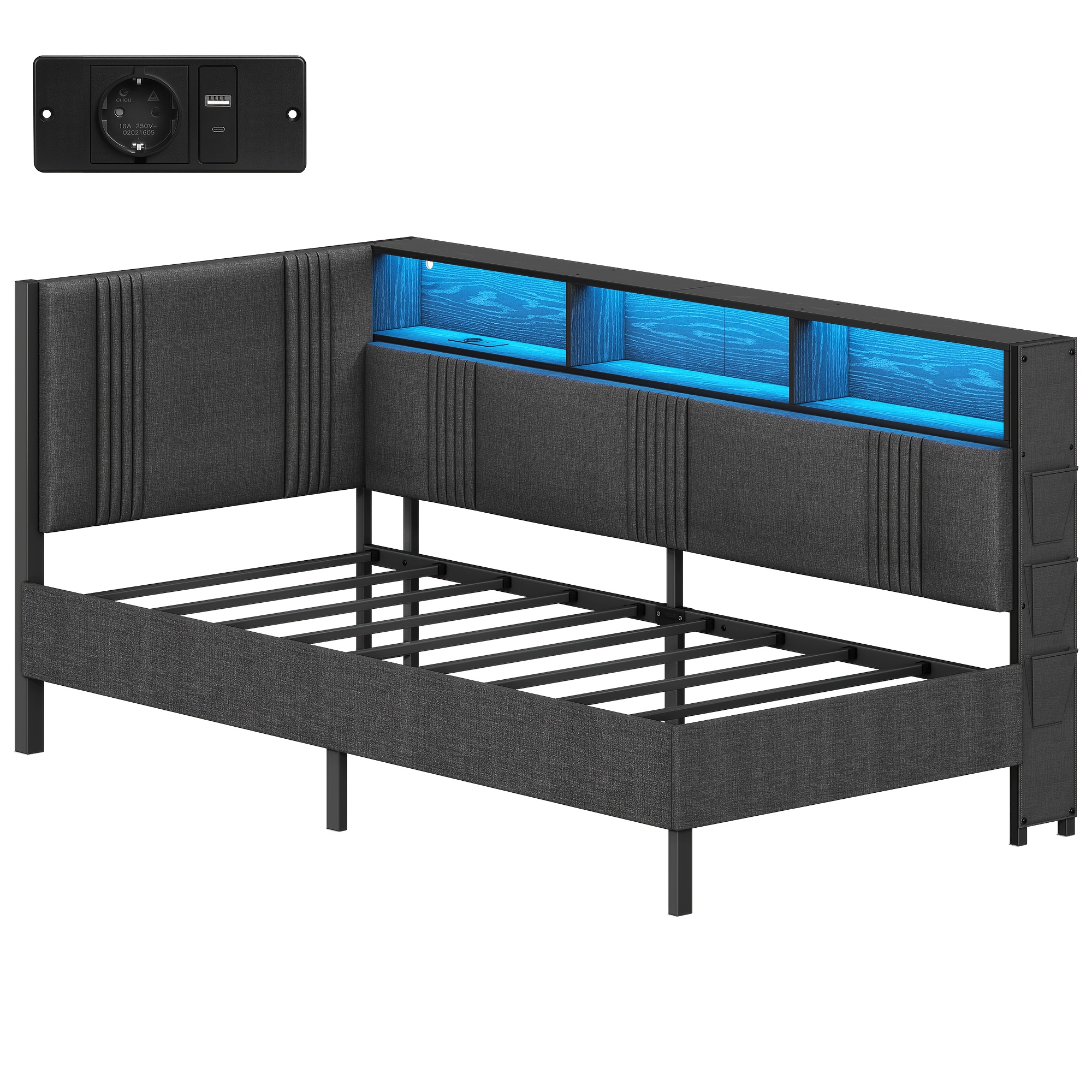 Image of Upholstered Bed/sofa Bed, Size 200×90 Cm, Single Bed Frame With Led Lights And Charging Station, With 3 Storage Compartments, Golden Slatted Bed Frame, Dark Gray, Modern Styl