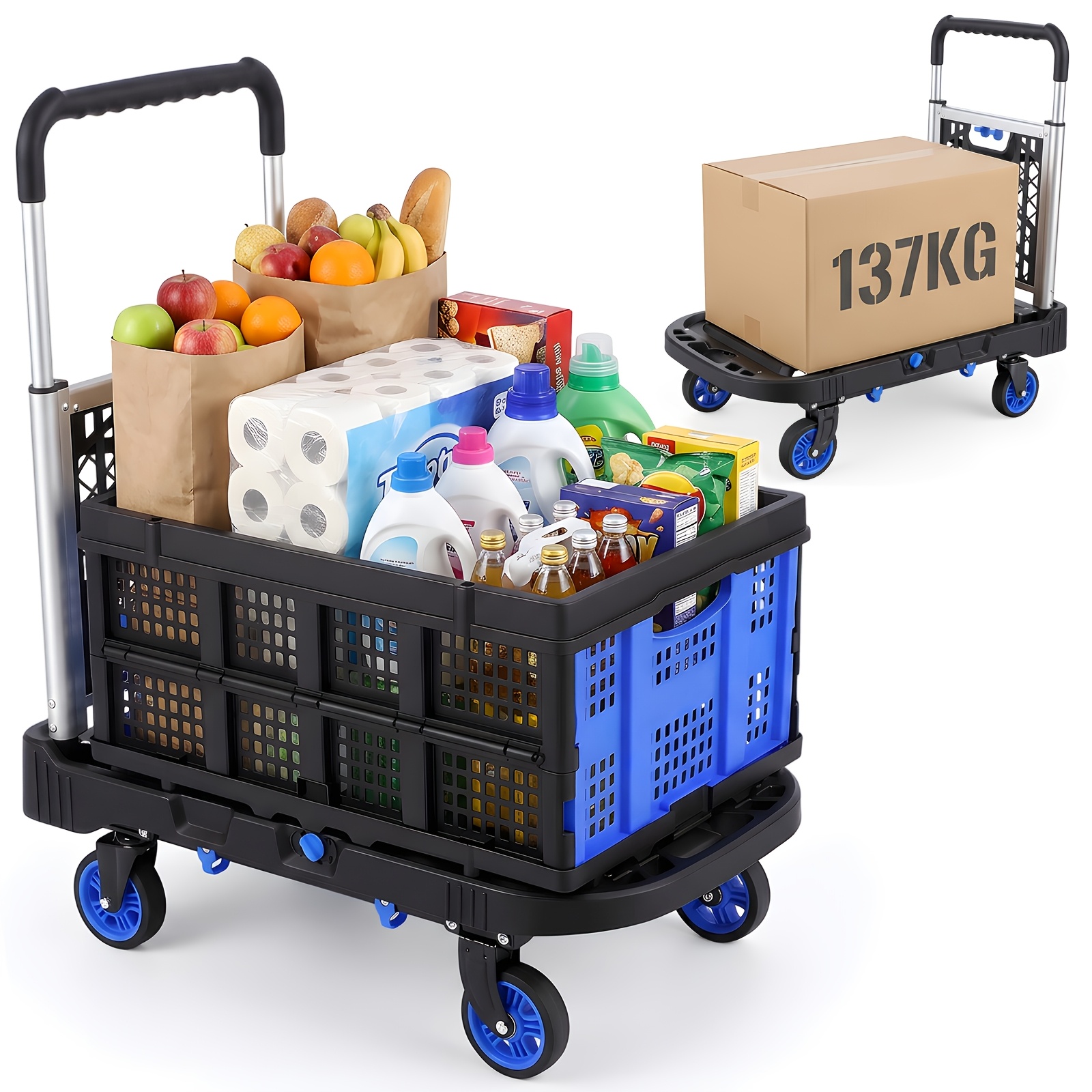 Image of Foldable Platform Trolley With Tested Load Capacity Up To 137kg 2-in-1 Transport Aid & Wheeled Cart With Removable Shopping Basket, , Castors And 3-level Height-adjustable Handle