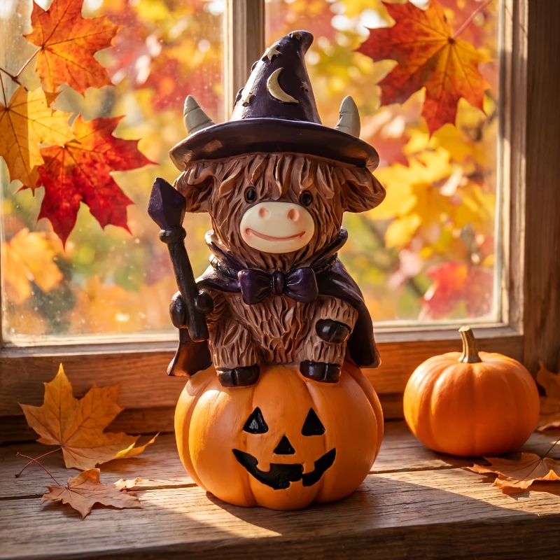 Image of 1pc Halloween Highland For Cow Collectible Figurine, Resin Calf Statue With , Pumpkin And Witch Design, Table Center Decoration, Gift For Cow Lovers, Decor For Home, Kitchen, Office And Tiered Tray
