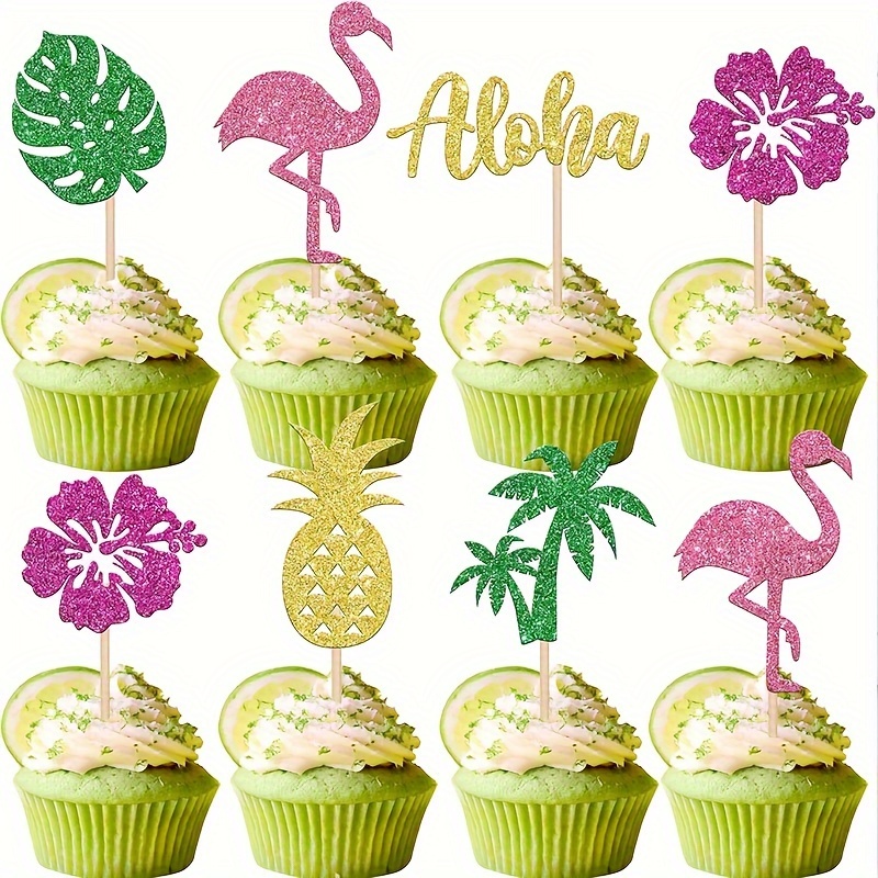 Image of Set Of 12 Hawaiian-themed Cupcake Decorations Featuring Designs, Glittery Flamingos, Palm Leaves, And Pineapples, Perfect For Like Baby Showers, Birthdays, Weddings, And Other Cake Events
