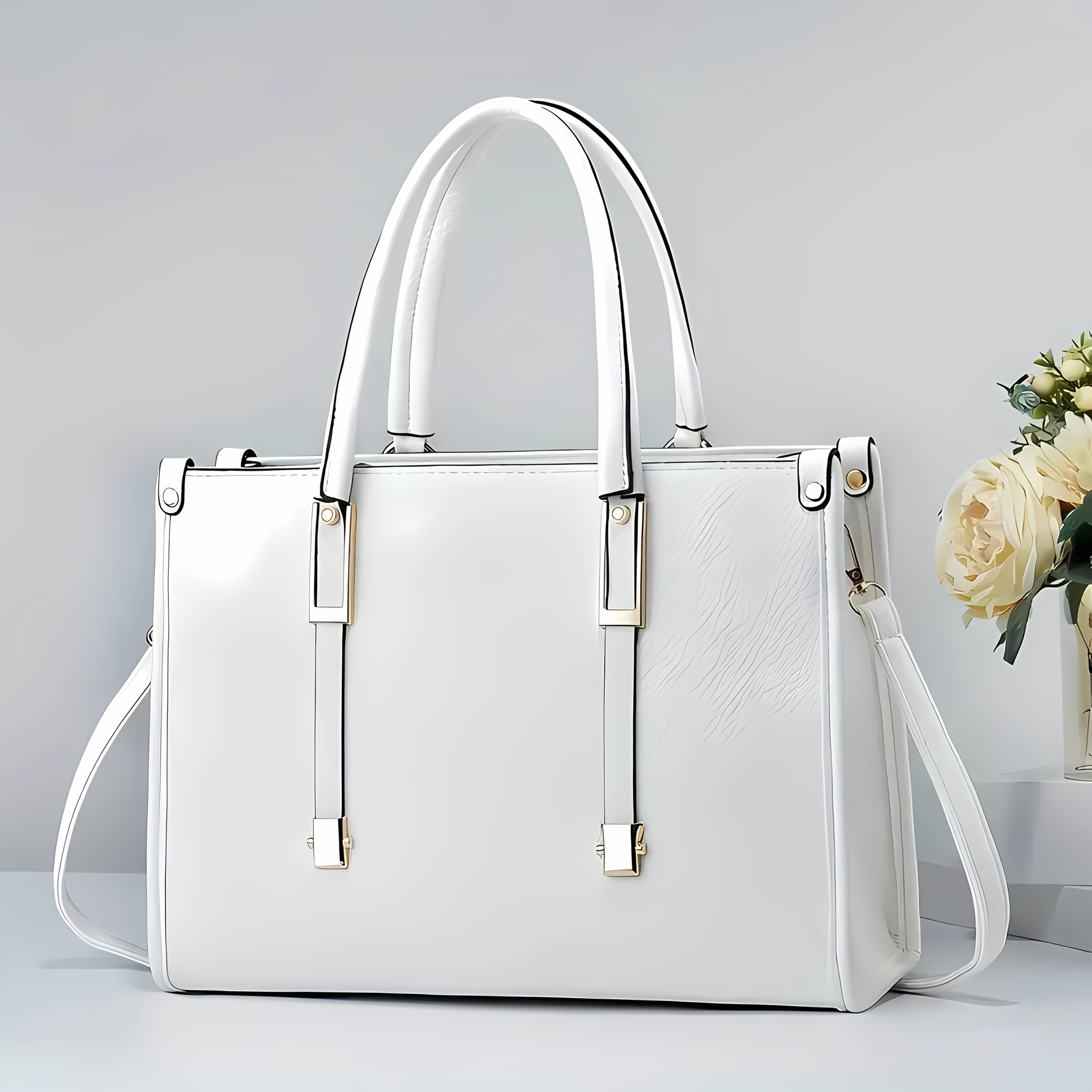 elegant womens genuine leather tote bag large capacity shoulder handbag with zipper closure multiple compartments adjustable shoulder strap white black hand   clean versatile for work casual   sophisticated accessory textured finish Product details 1