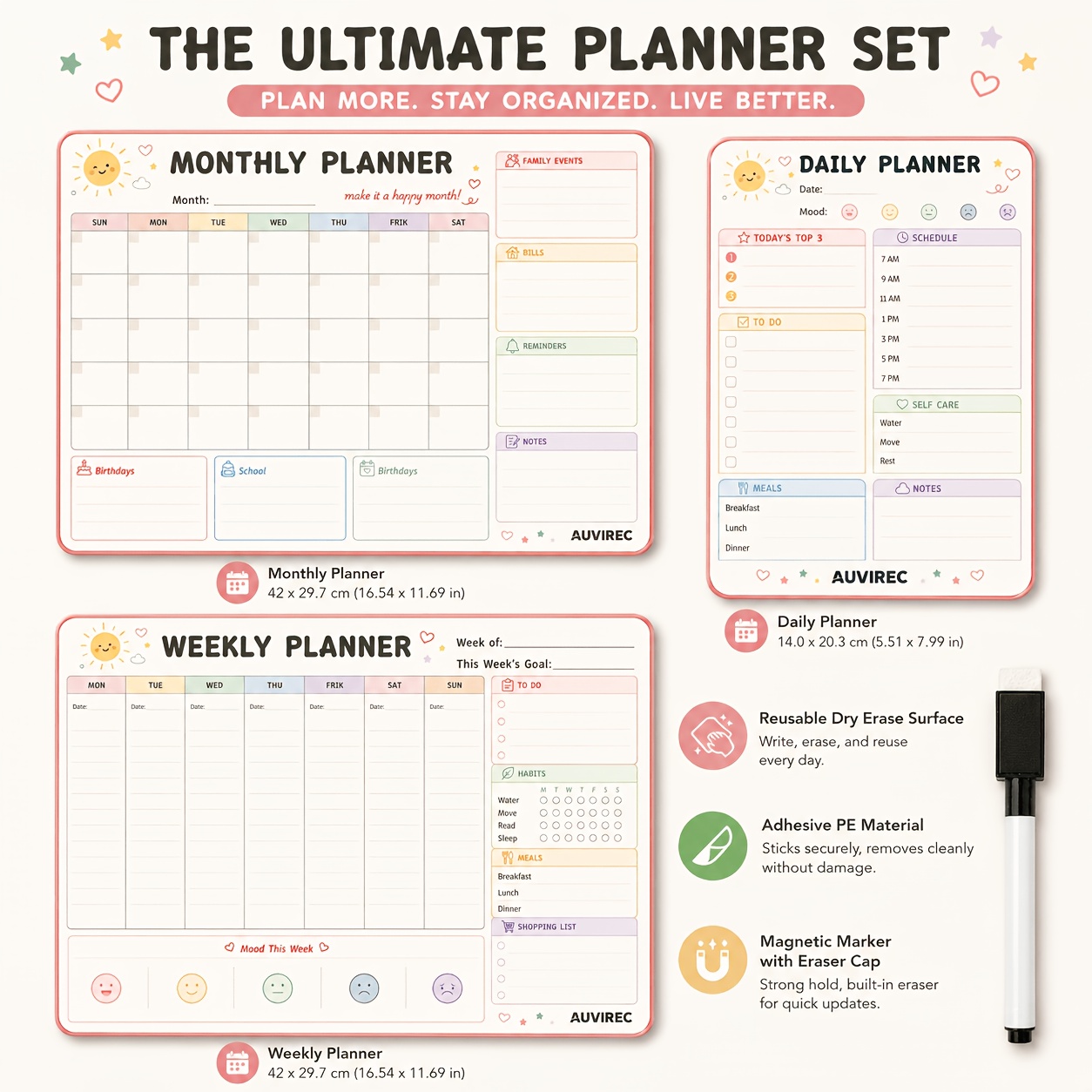 TEMU Auvirec 3pcs Adhesive Dry Erase Planner Set, Colorful Modern Monthly Weekly Daily Organizer, Office Use Notebook Additions For Planning With
