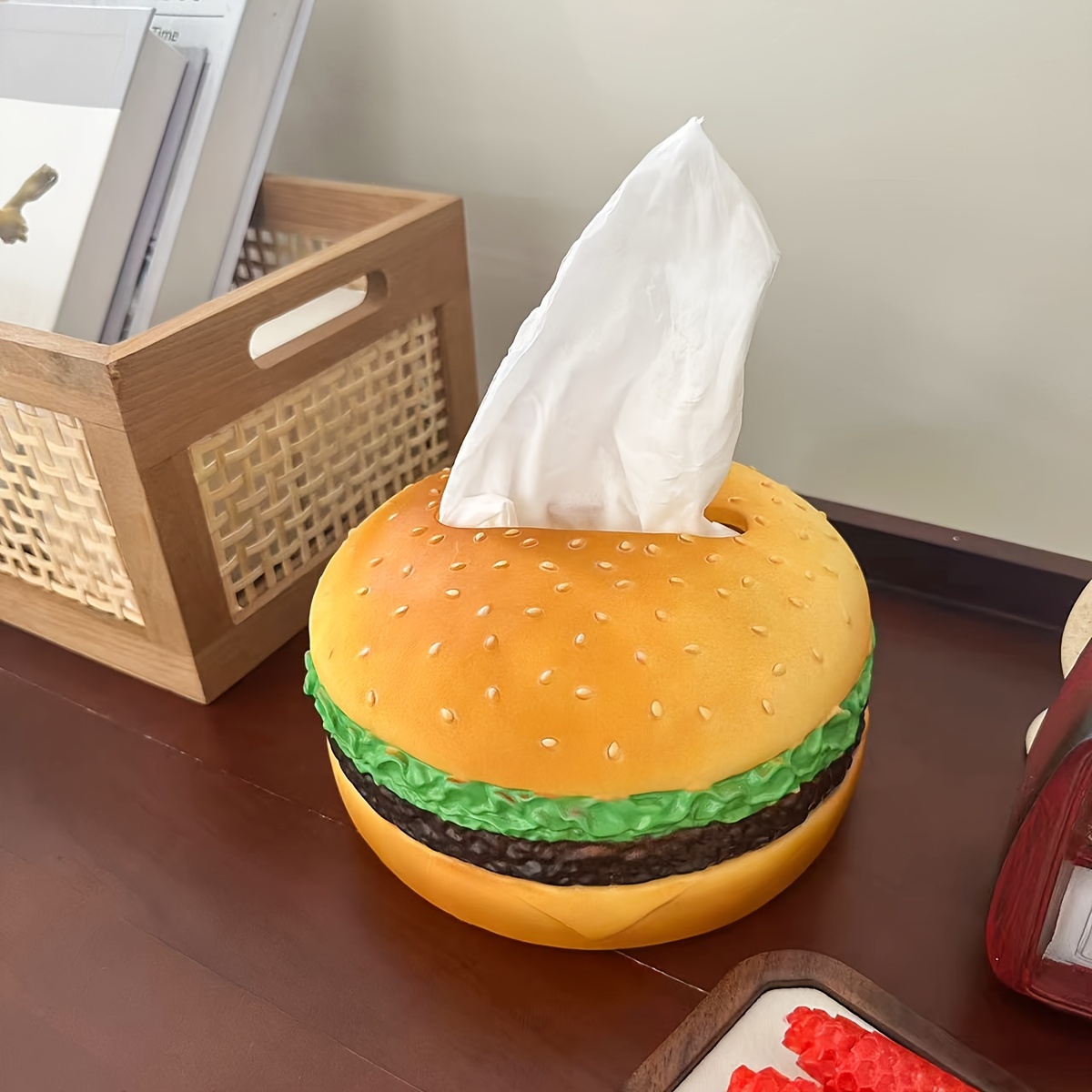 

Creative Burger Shape Tissue Holder - Round Plastic Novelty Hamburger Tissue Dispenser, Ideal For Desk Accessories - Pack Of 1